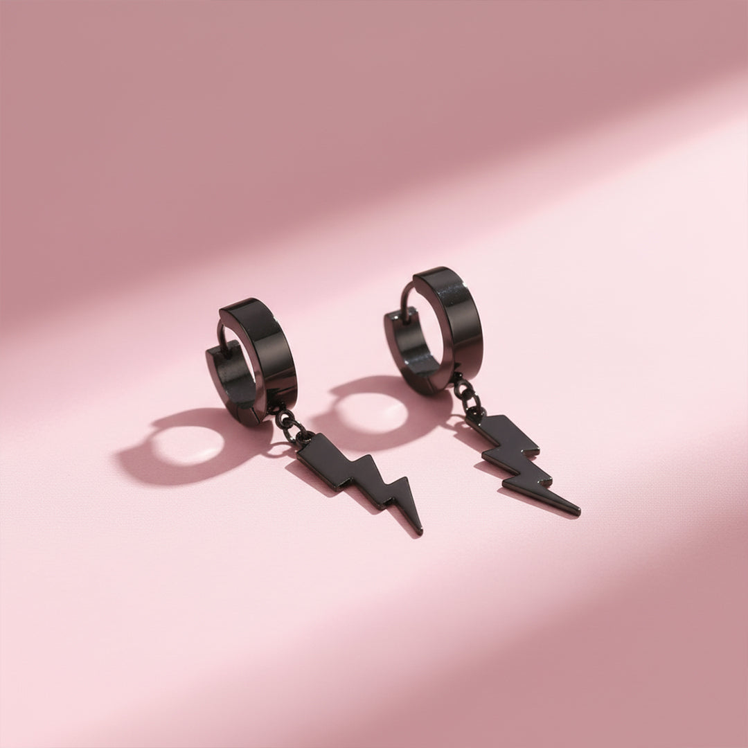 Black PVD Lightning Bolt Dangle Stainless Steel Hinged Hoop Earrings