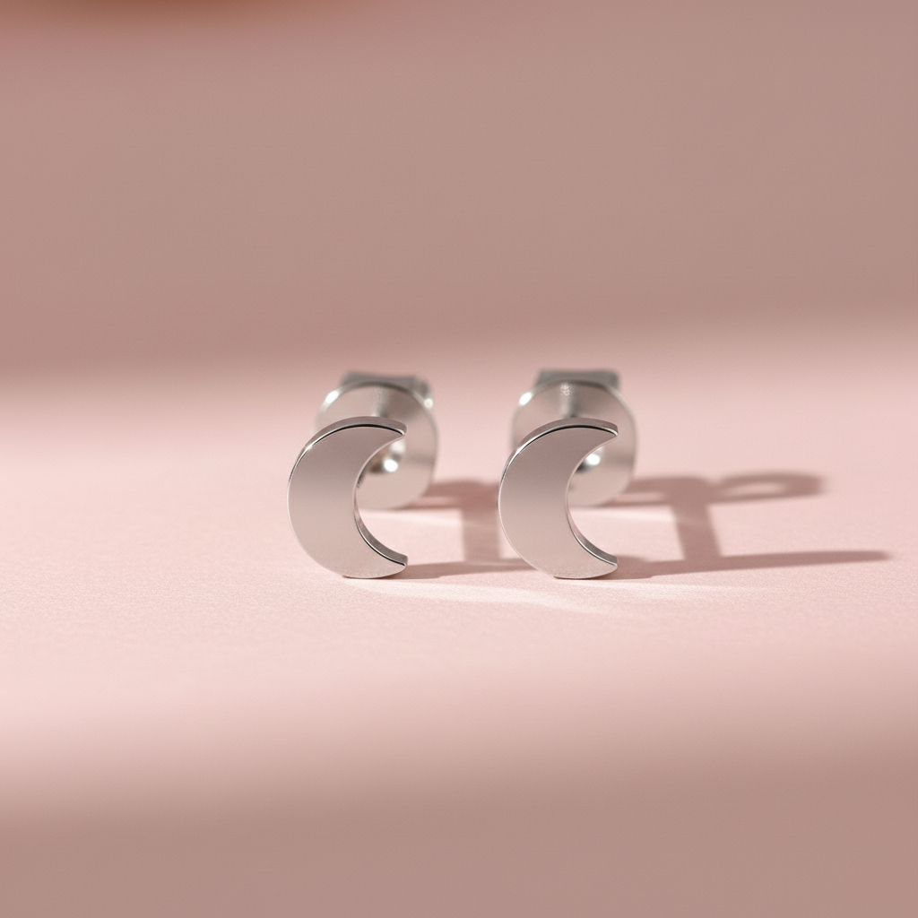 Crescent Moon Titanium Butterfly Back Earring Studs