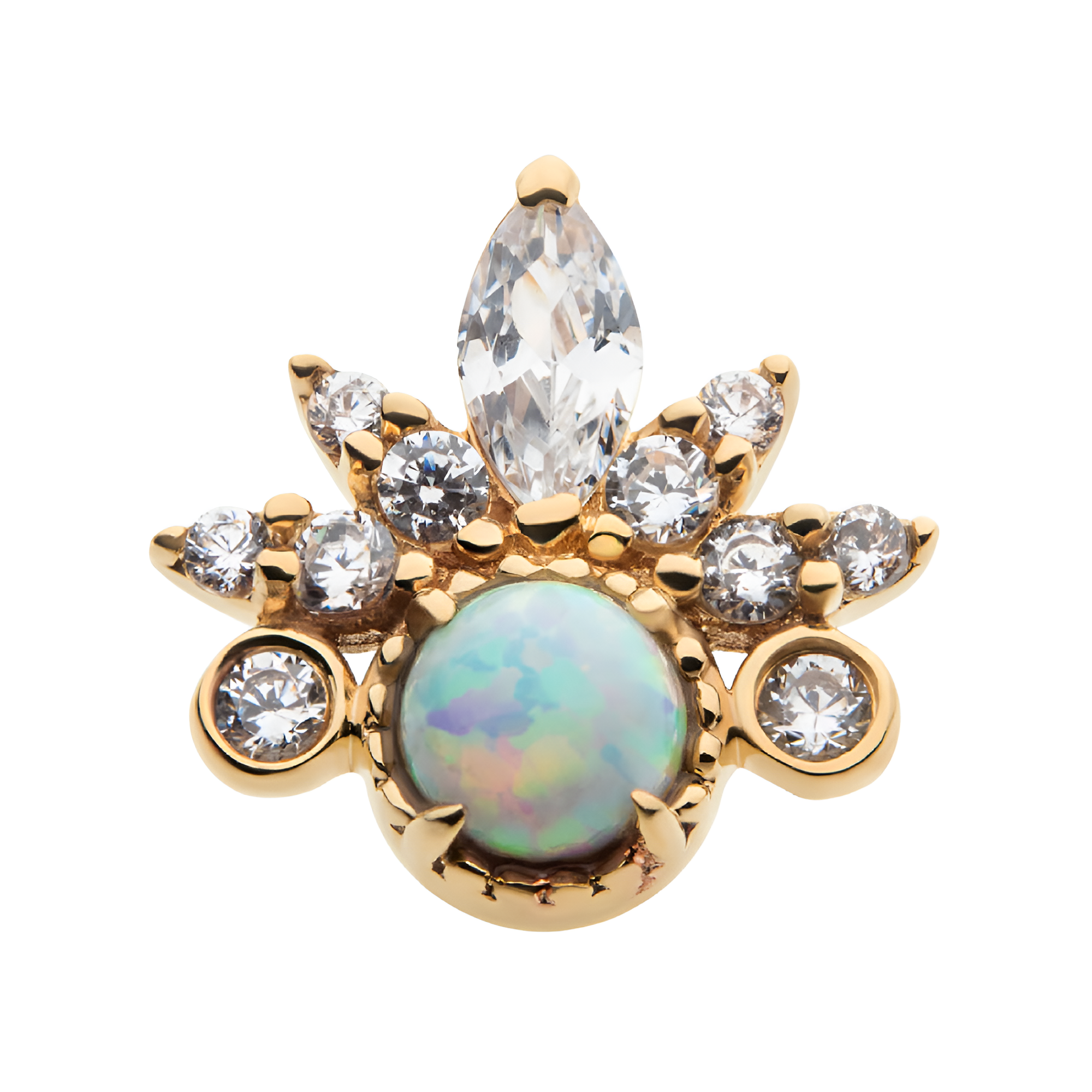 14kt Yellow Gold Threadless White Synthetic Opal, Round & Marquise Clear CZ Tiara Cluster Top