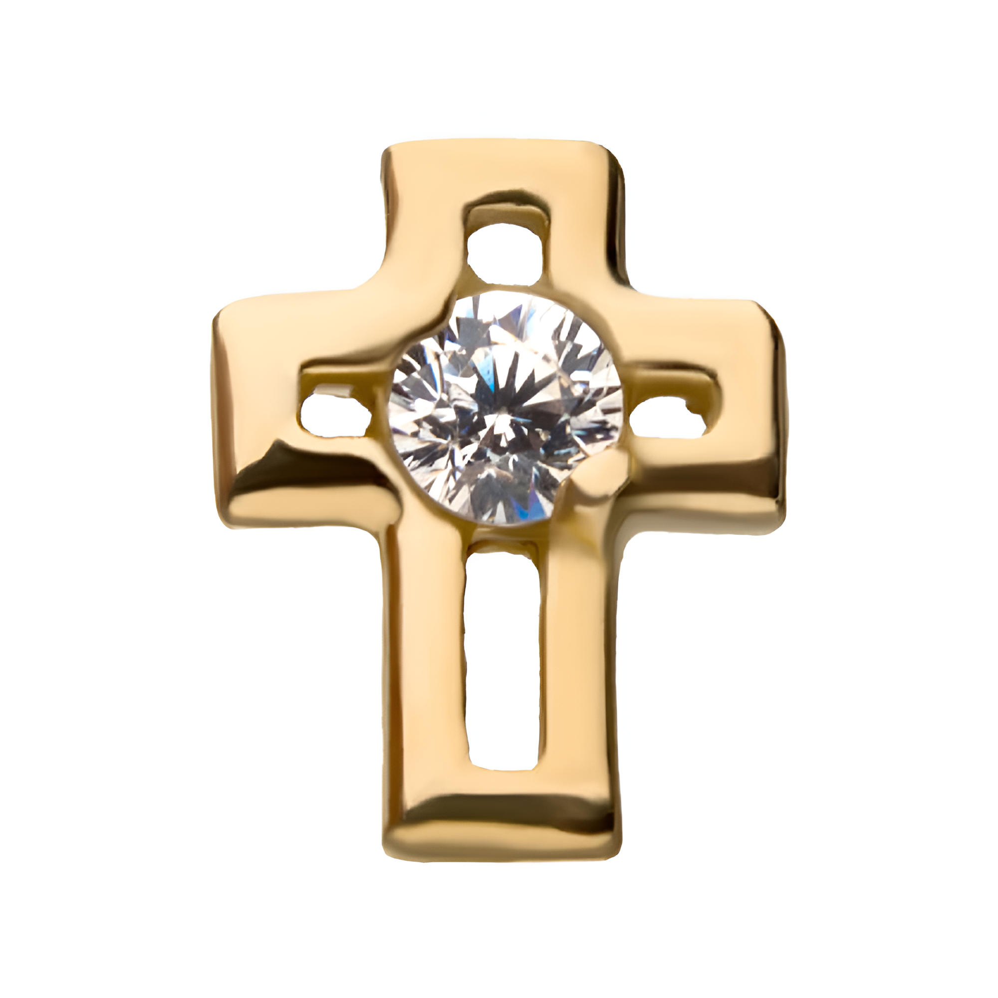 14Kt Yellow Gold Threadless with Clear Gem Cut Out Cross Top