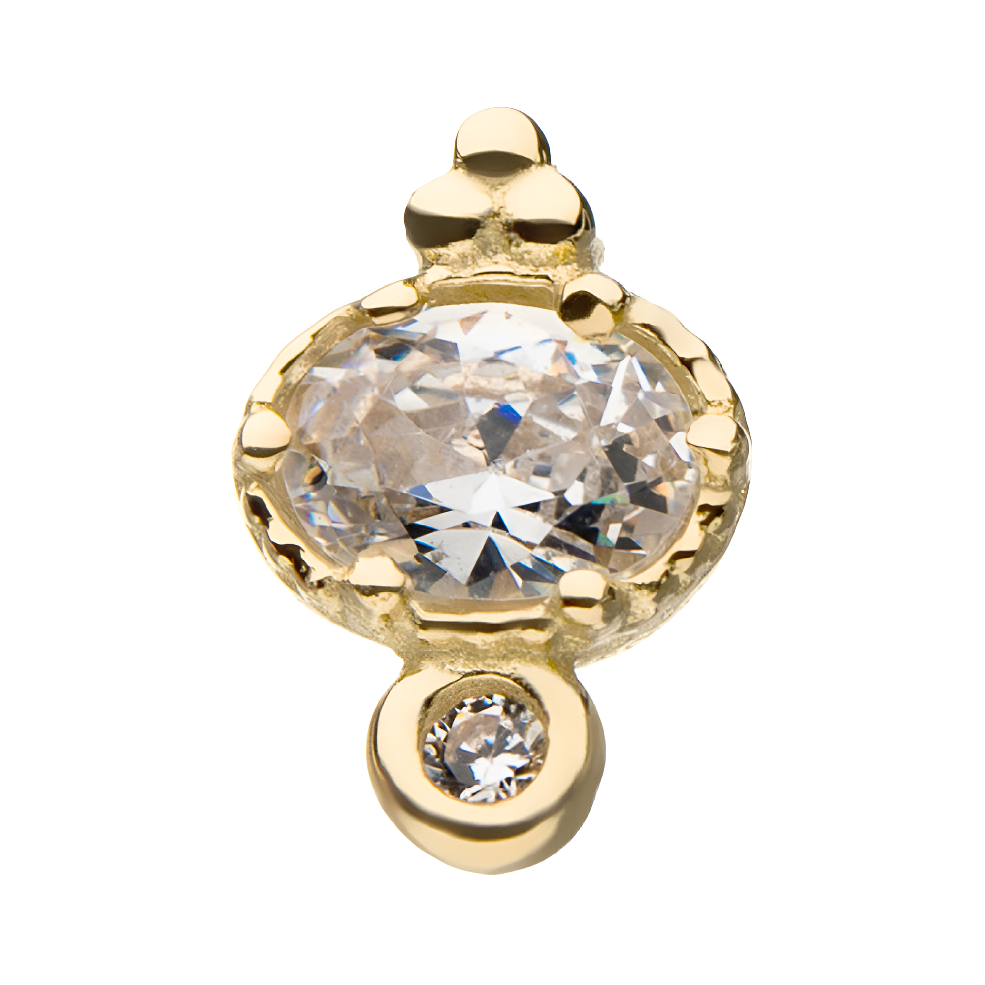 14Kt Yellow Gold Threadless Big & Small Clear Gem & Tri-Bead Top