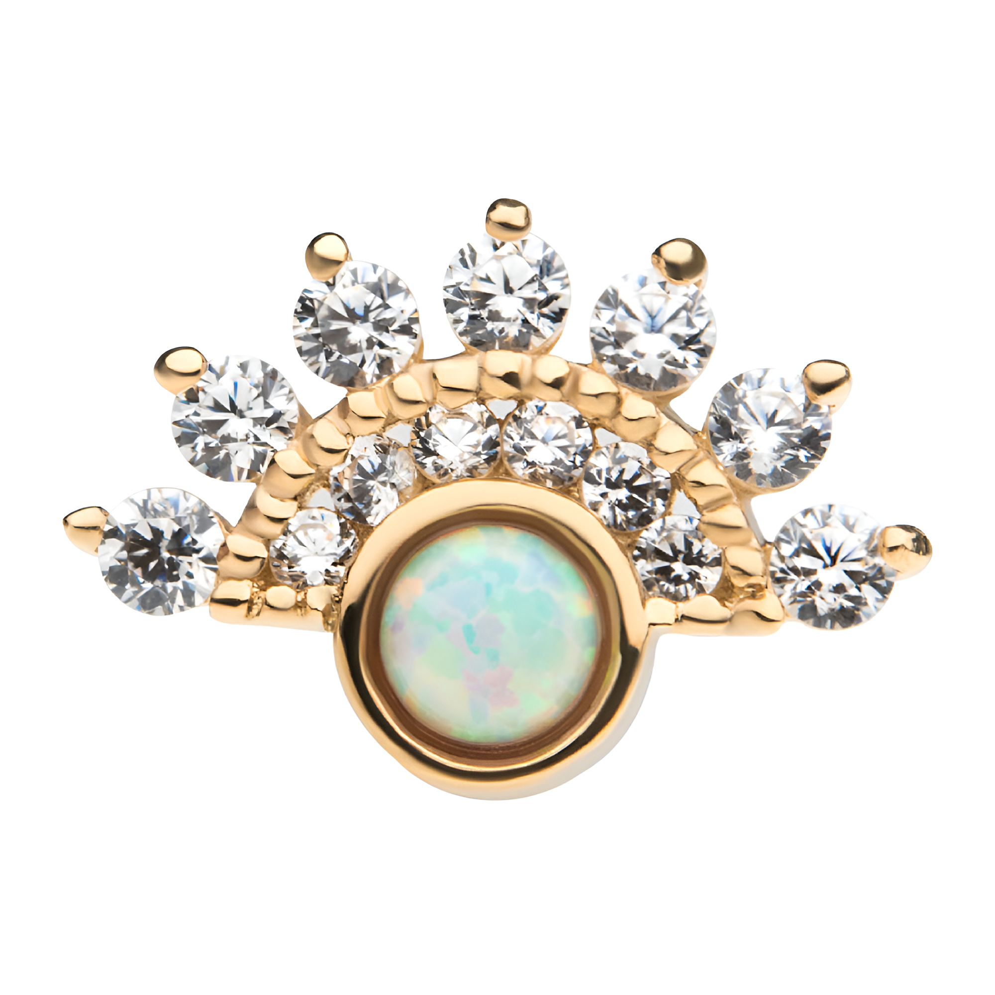 14kt Gold Threadless Bezel White Opalite & Prong Clear CZ Fan Cluster Top