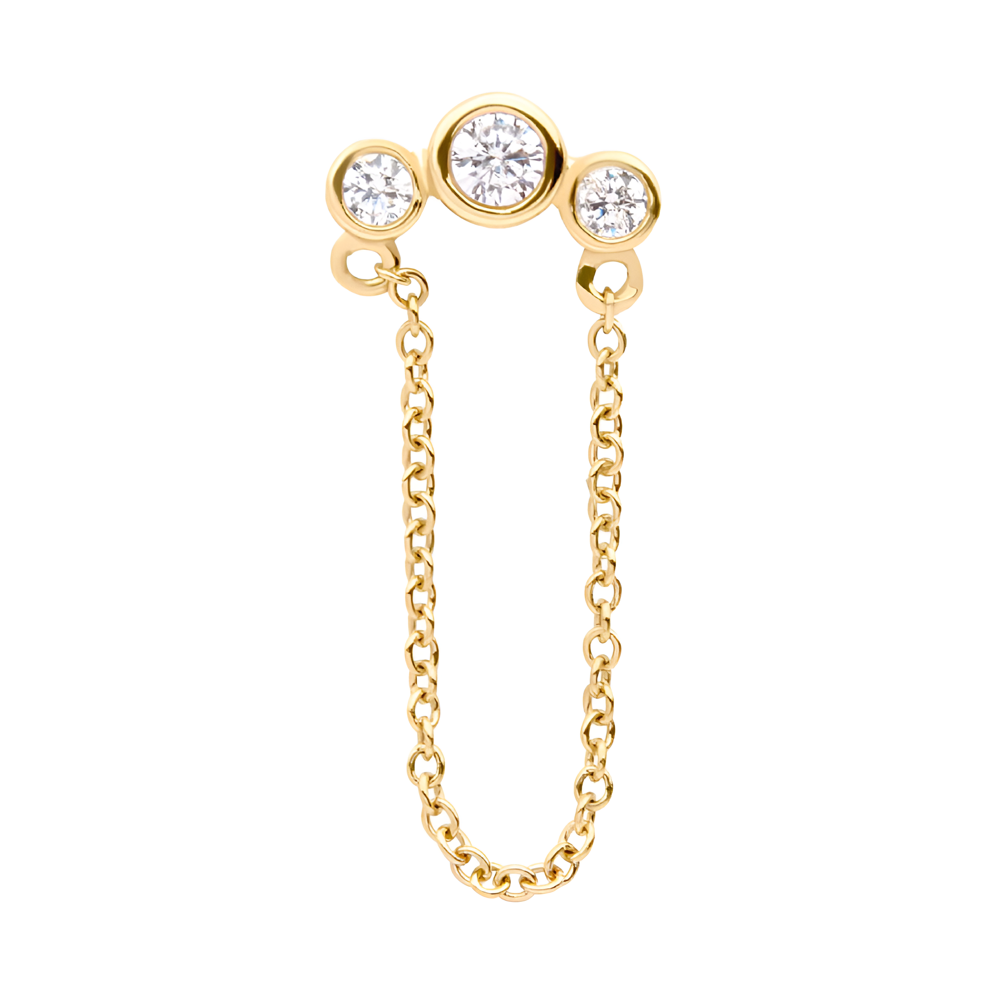 14kt Yellow Gold Threadless Bezel Set CZ 3-Cluster Top with Dangling Chain