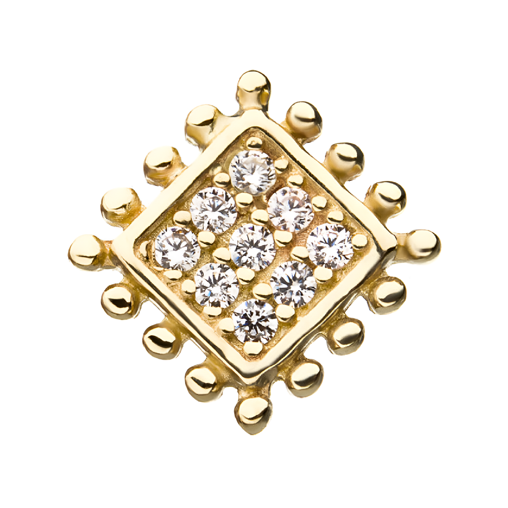 14kt Yellow Gold Threadless Beaded Edge & Pave Clear CZ Square Shape Top