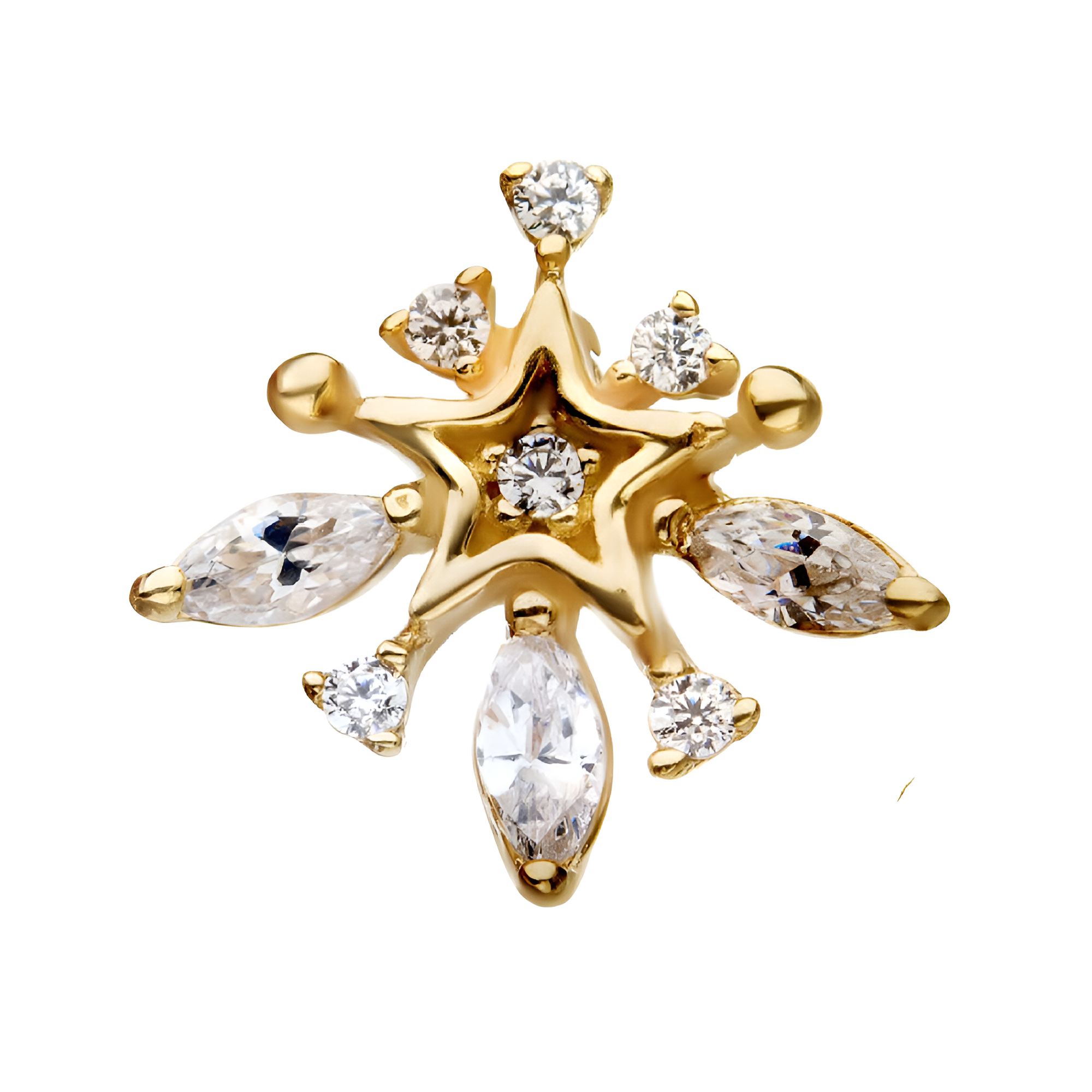 14kt Yellow Gold Threadless Starburst Design with 3mm Marquis Shape CZ's Top