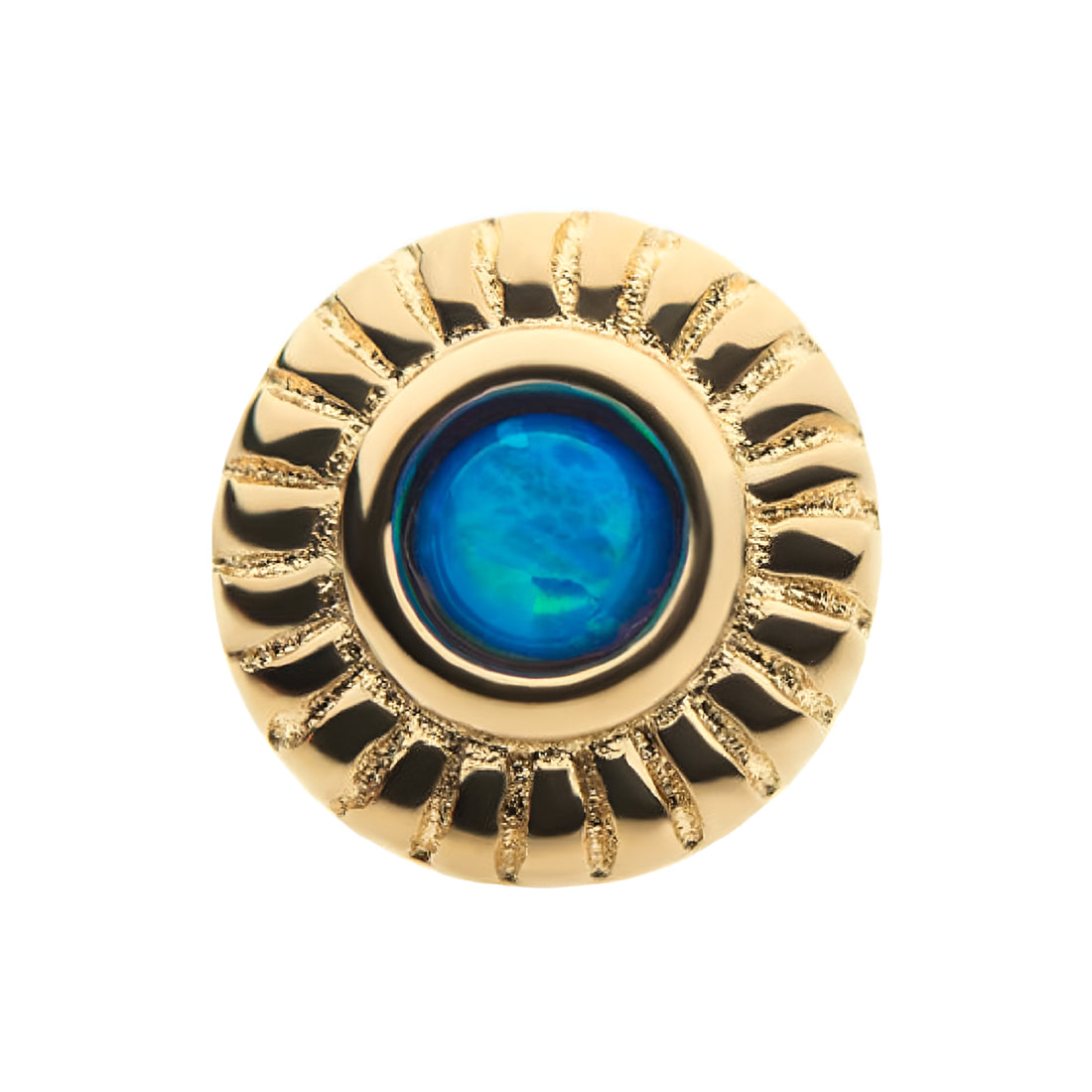 14kt Yellow Gold Threadless Bezel Set Synthetic Blue Opal Fine Line Scalloped Edge Top