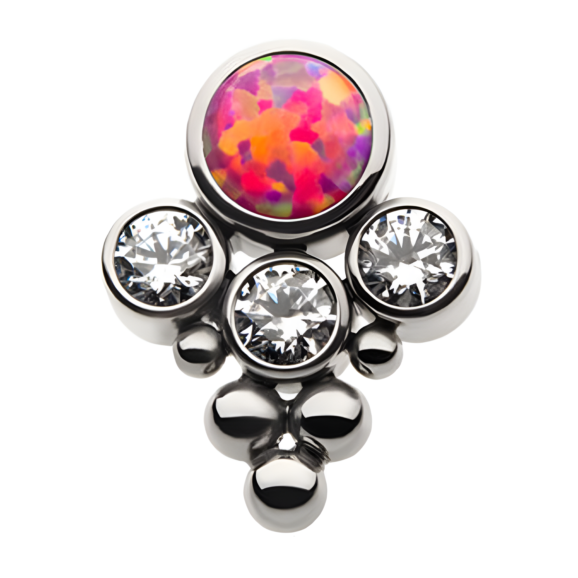 Titanium Threadless Synthetic Pink Opal X Clear CZ Beaded Cluster Top