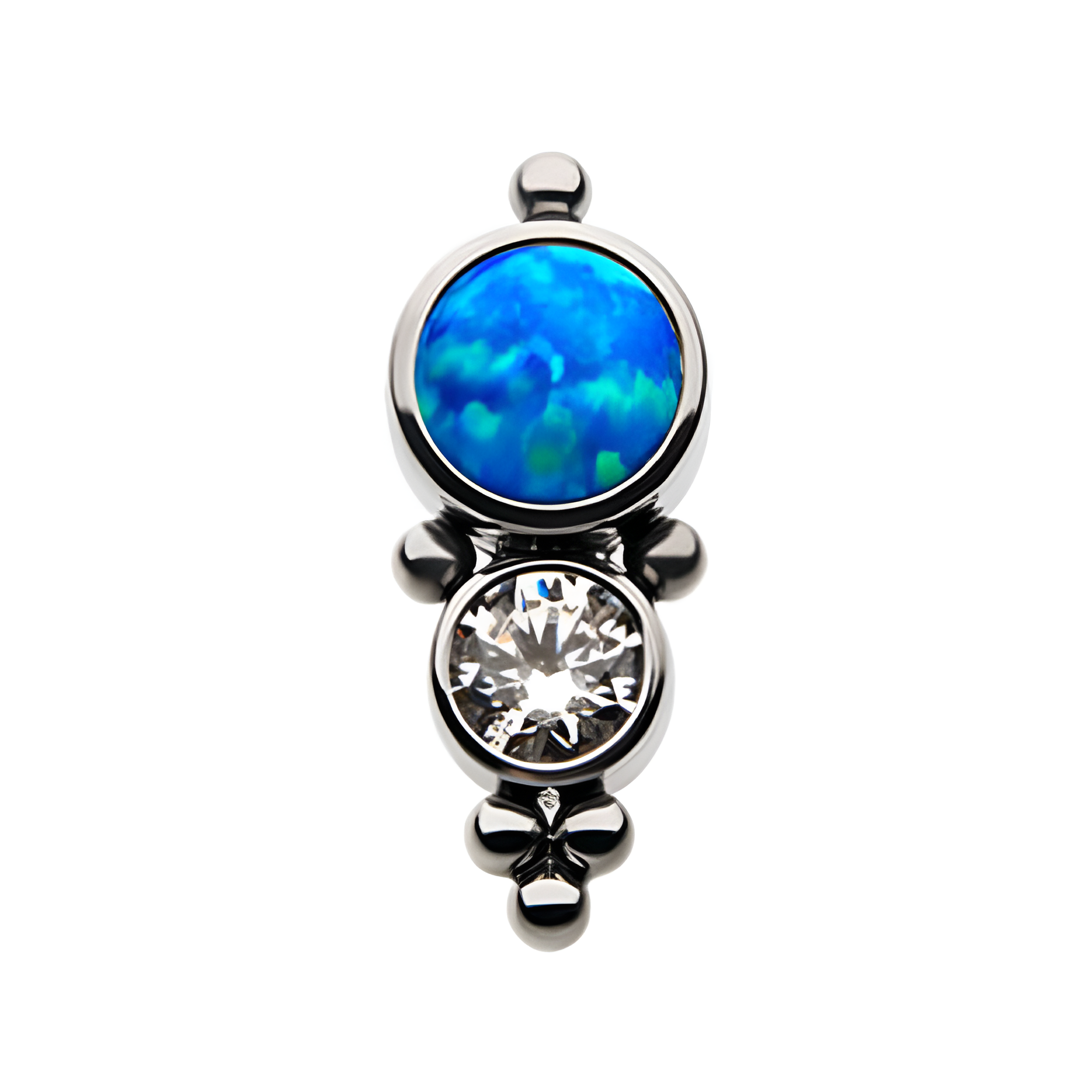 Titanium Threadless Clear CZ X Blue Synthetic Opal Beads Cluster Top