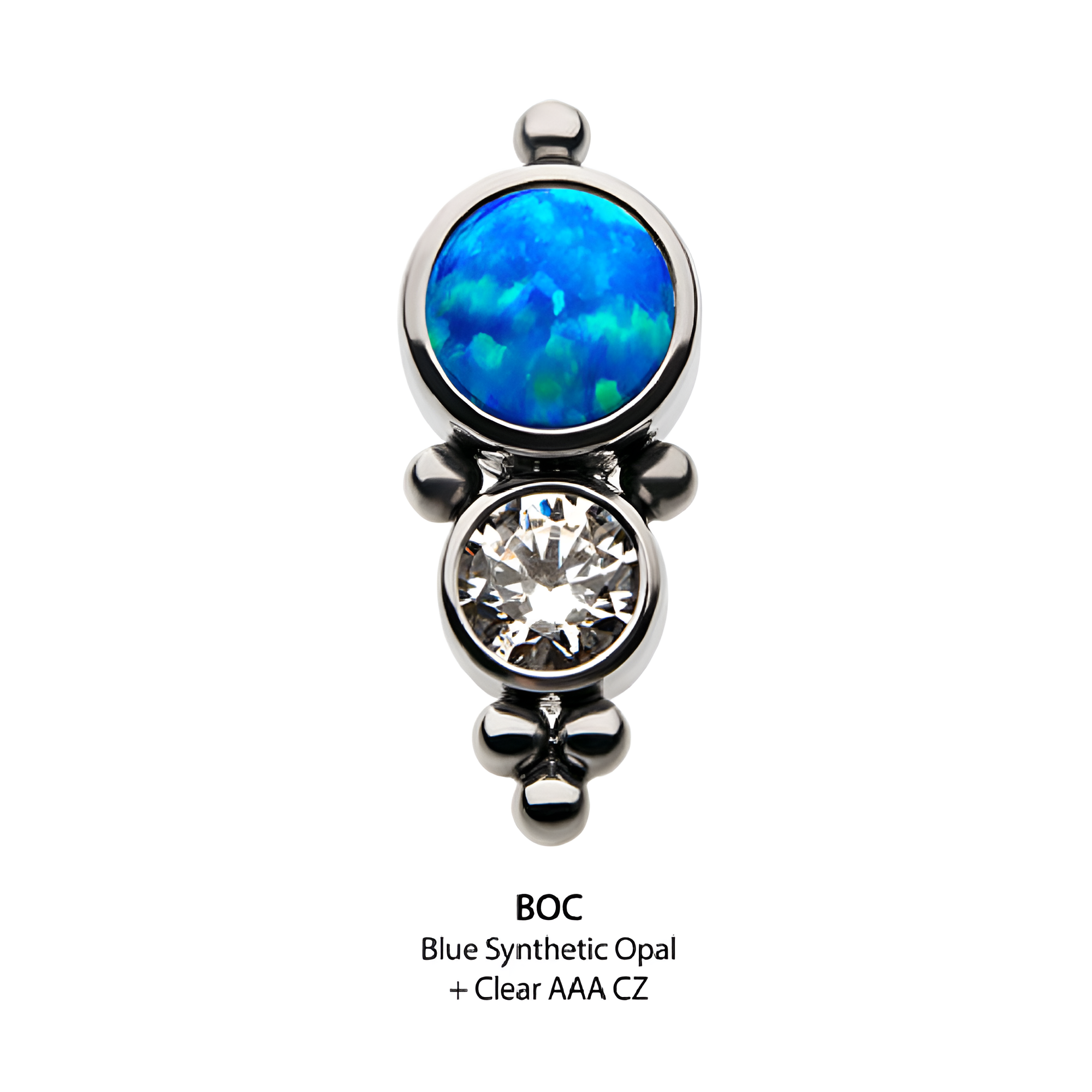 Titanium Threadless Clear CZ X Blue Synthetic Opal Beads Cluster Top