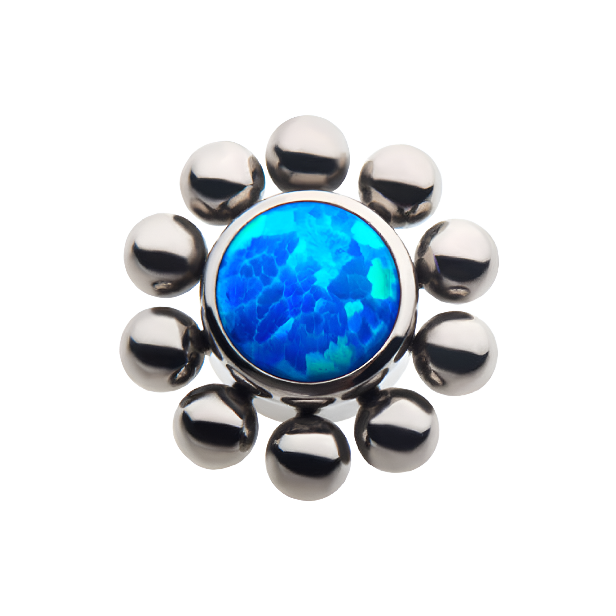 Titanium Threadless Beaded Bezel Synthetic Blue Opal Disc Top