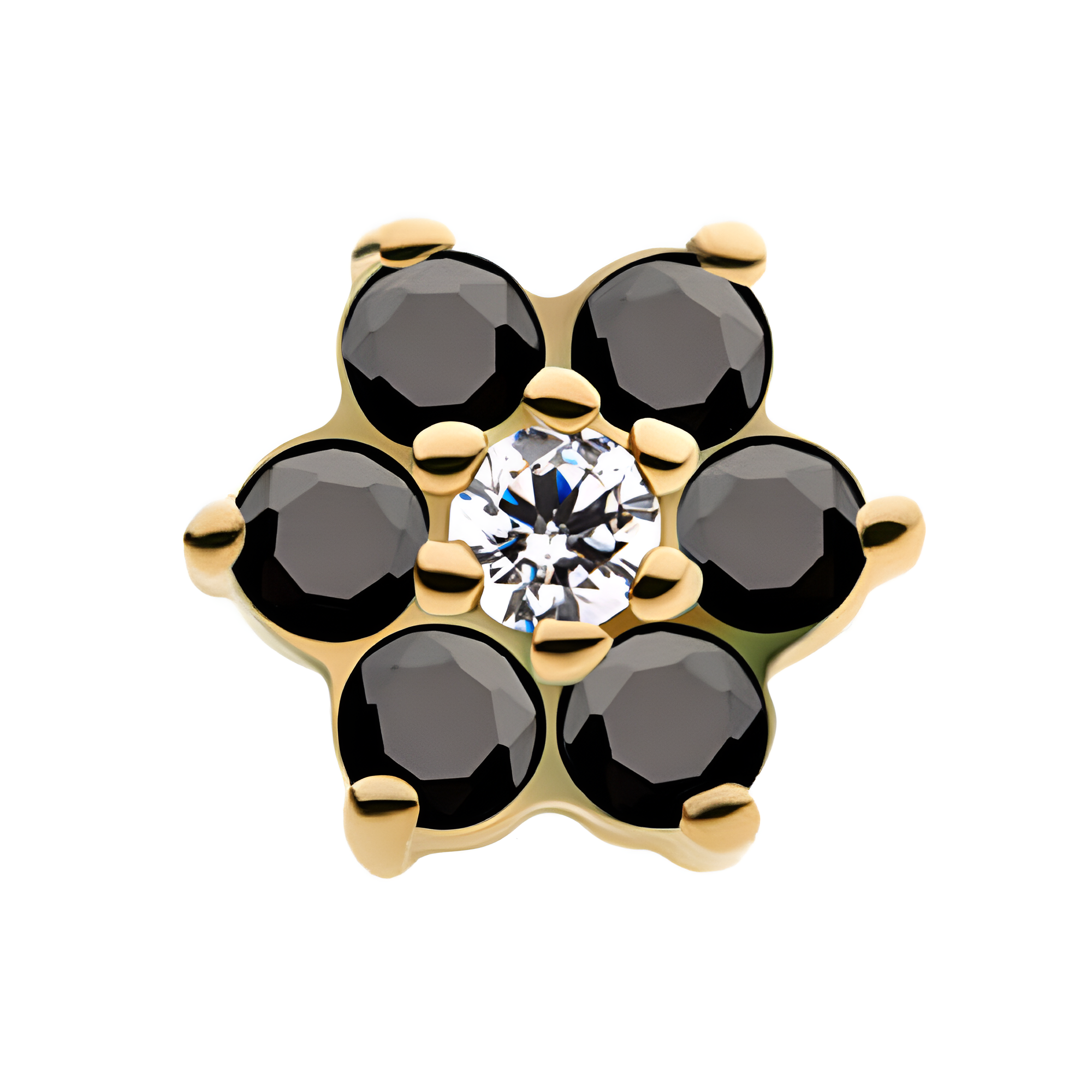 14kt Yellow Gold Threadless Prong Set Black CZ and Centerpiece Clear CZ Flower Top