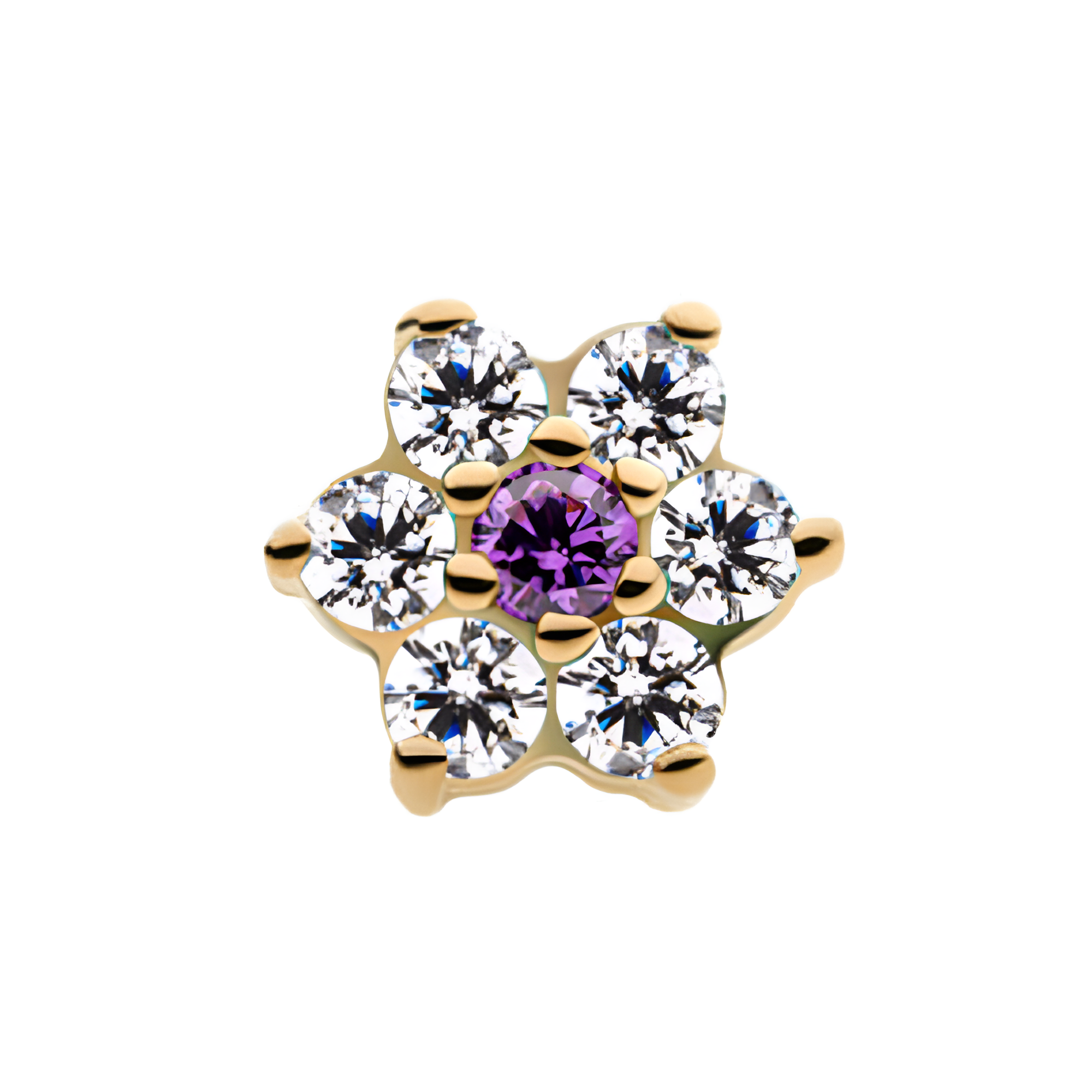 14kt Yellow Gold Threadless PClear/Amethyst Prong Set Clear CZ Centerpiece CZ/Synthetic Opal Flower Top