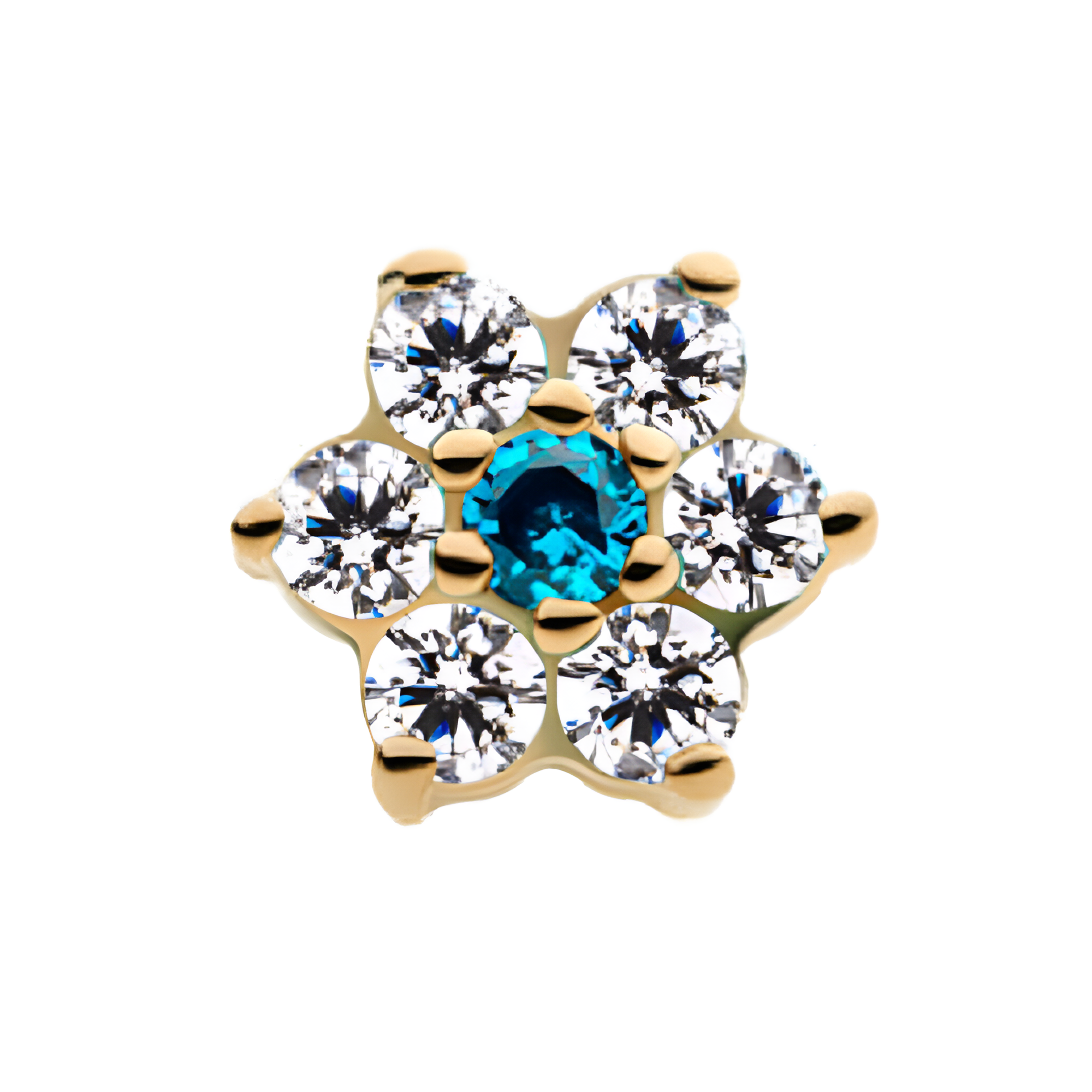 14kt Yellow Gold Threadless Clear/Blue Topaz Prong Set Clear CZ Centerpiece CZ/Synthetic Opal Flower Top