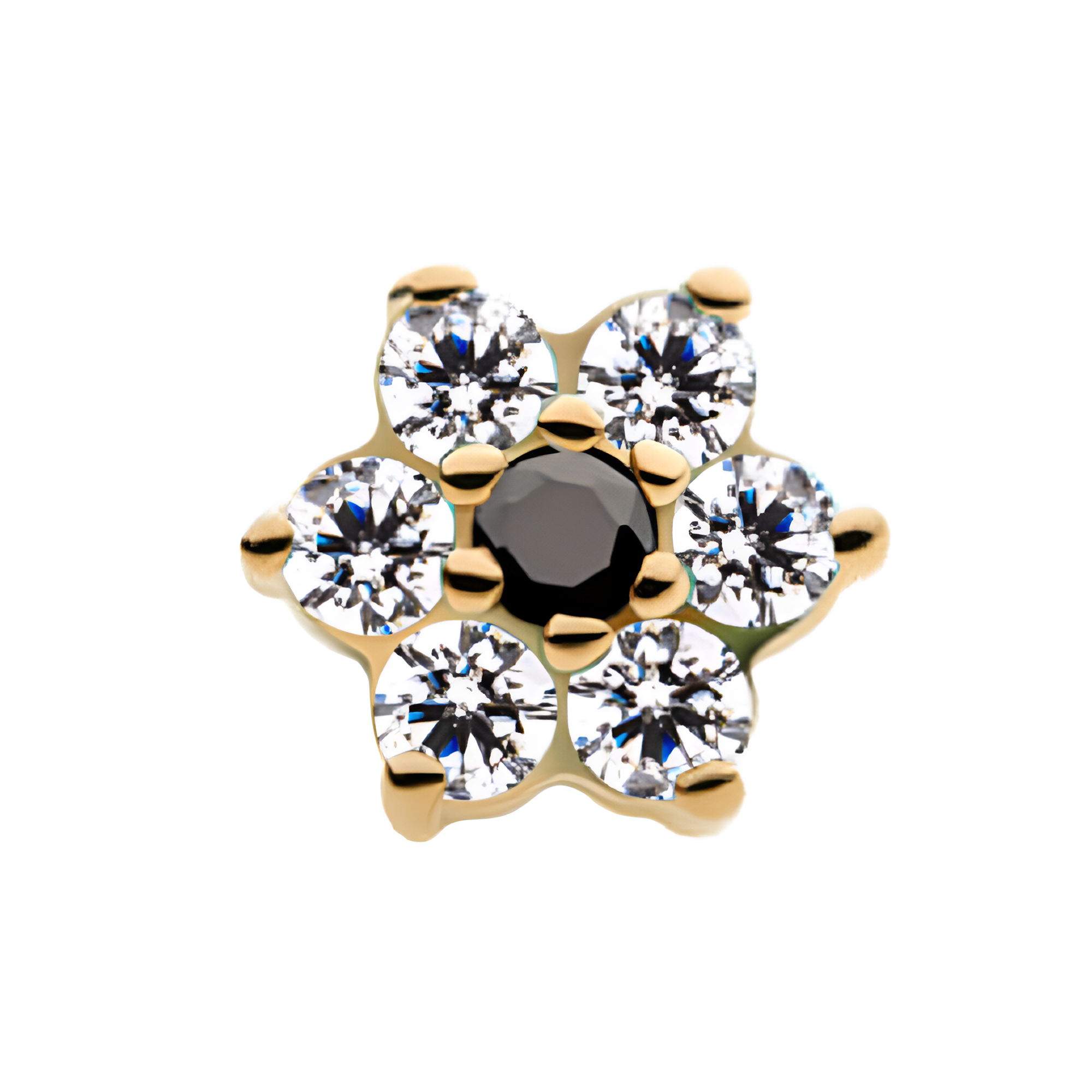 14kt Yellow Gold Threadless Clear/Black Prong Set Clear CZ Centerpiece CZ/Synthetic Opal Flower Top