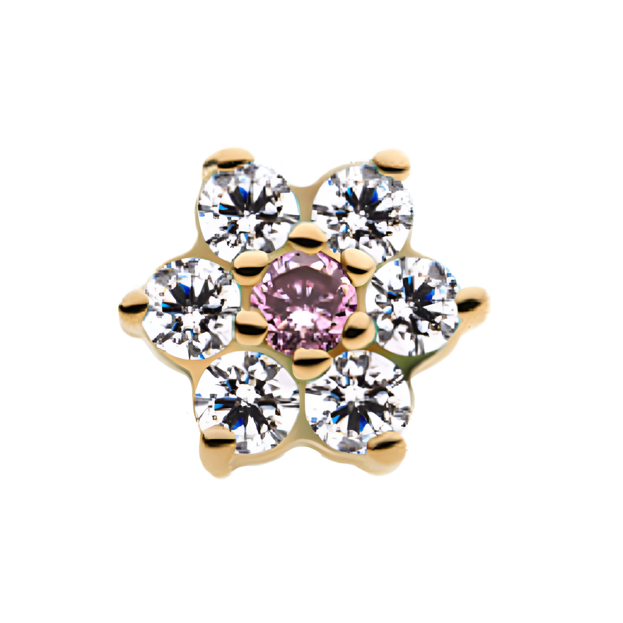 14kt Yellow Gold Threadless Clear/Pink Prong Set Clear CZ Centerpiece CZ/Synthetic Opal Flower Top