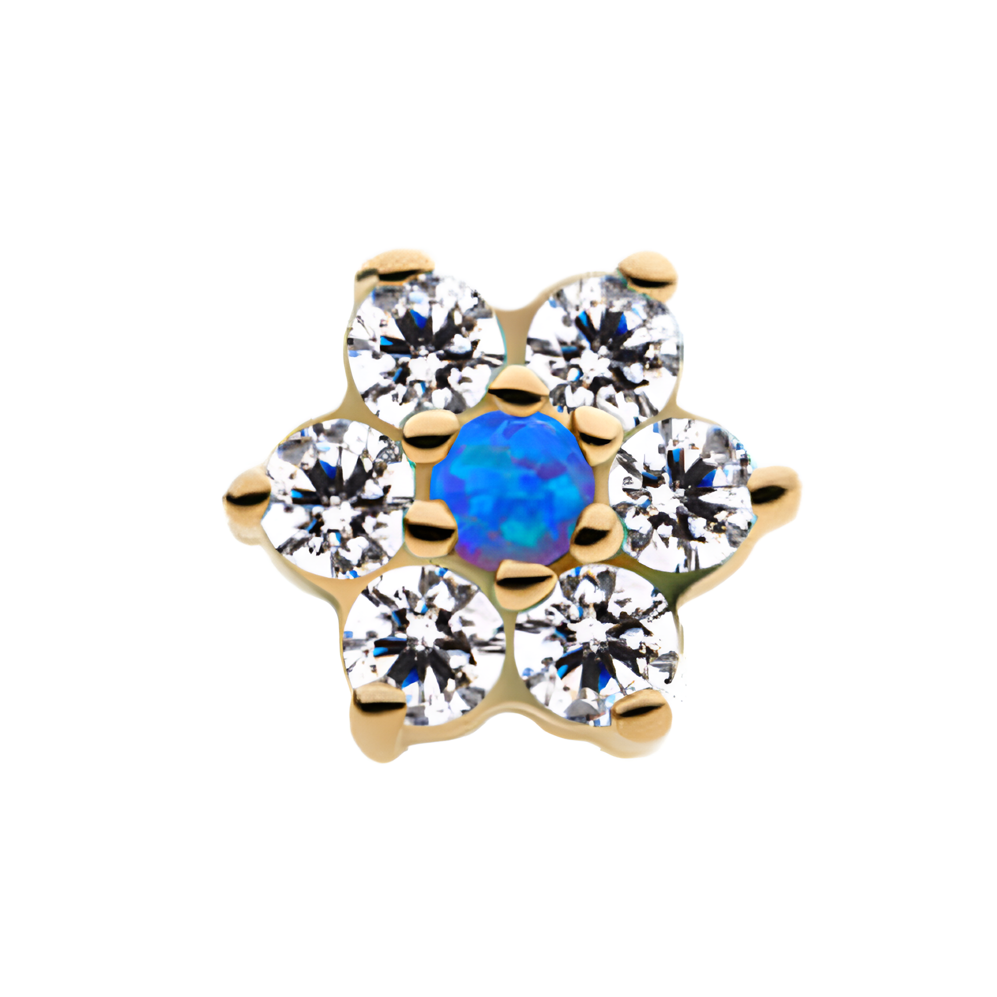 14kt Yellow Gold Threadless Clear/Purple Prong Set Clear CZ Centerpiece CZ/Synthetic Opal Flower Top