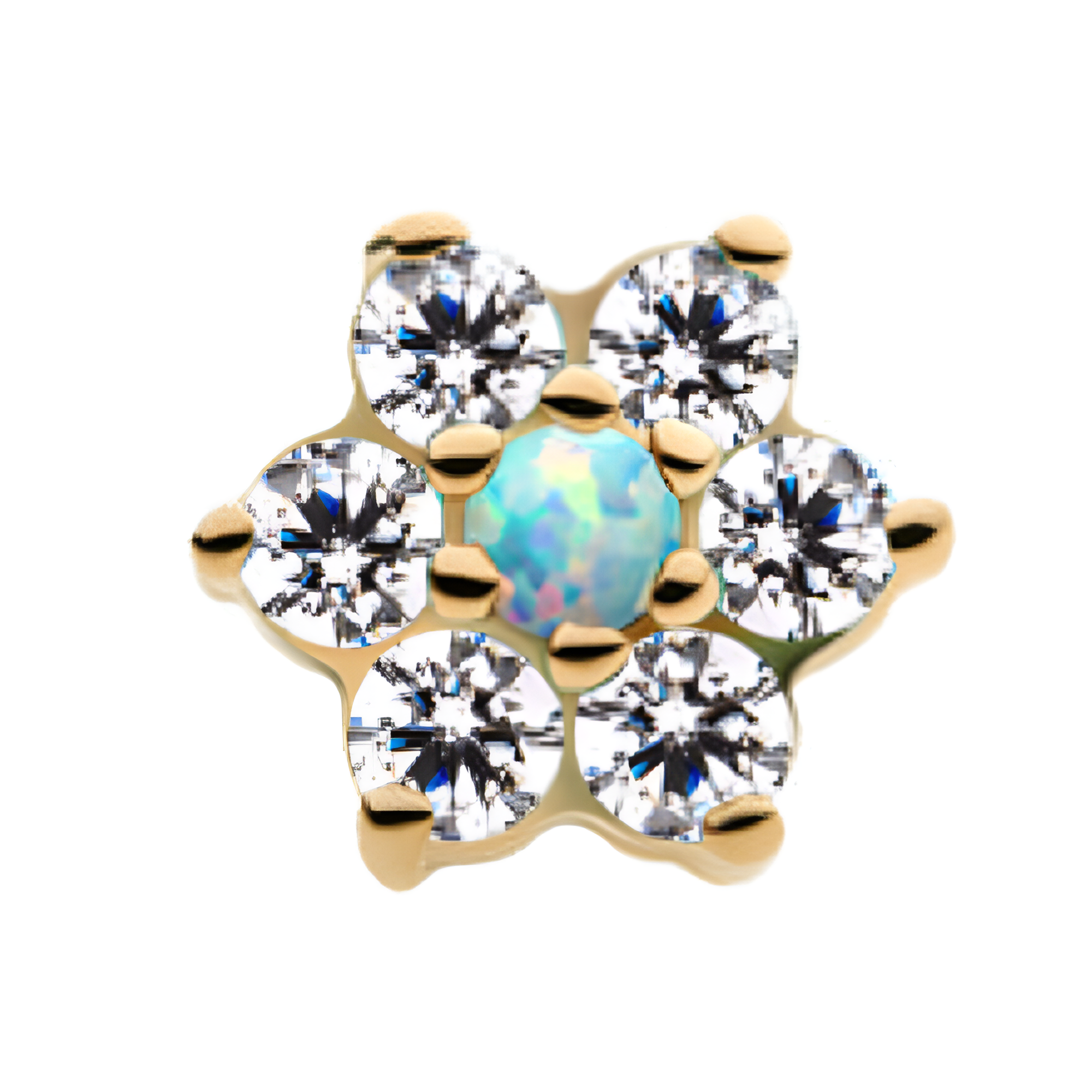 14kt Yellow Gold Threadless Clear/White Prong Set Clear CZ Centerpiece CZ/Synthetic Opal Flower Top