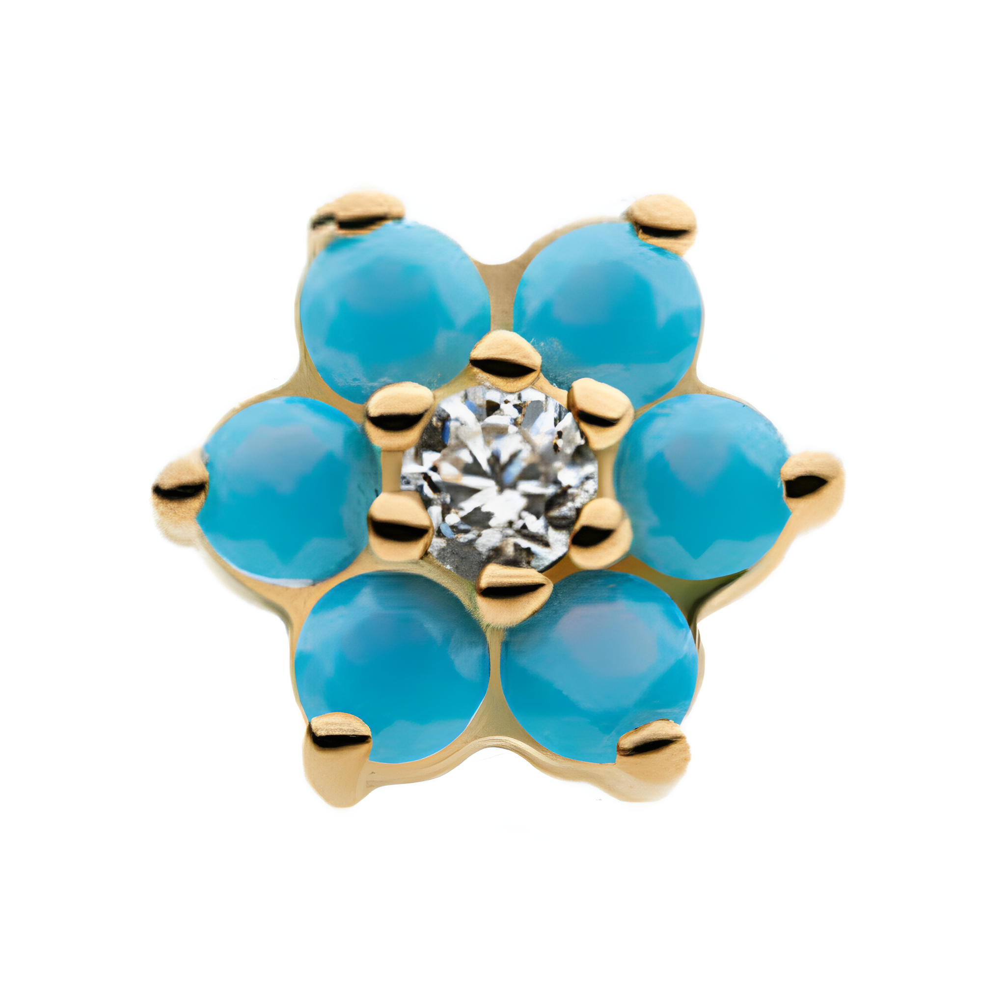 14kt Yellow Gold Threadless Clear/Turquoise Prong Set Clear CZ Centerpiece CZ/Synthetic Opal Flower Top