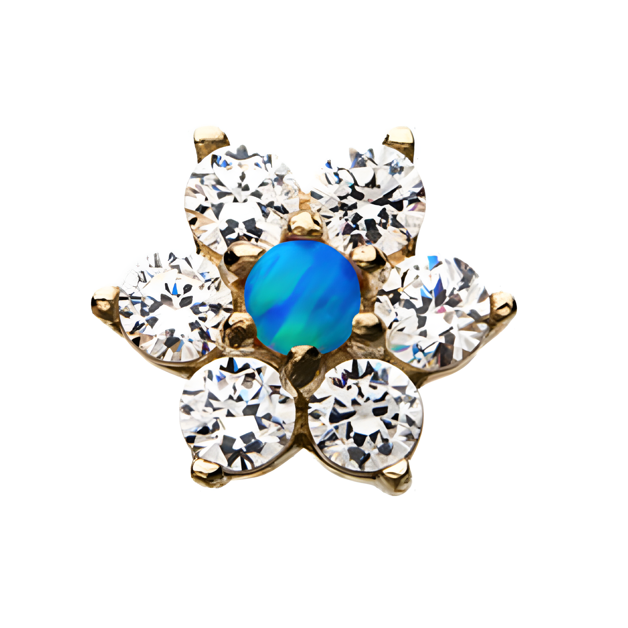 14kt Yellow Gold Threadless Clear|Blue Opal 6-CZ Clear Gems and Synthetic Opal Top