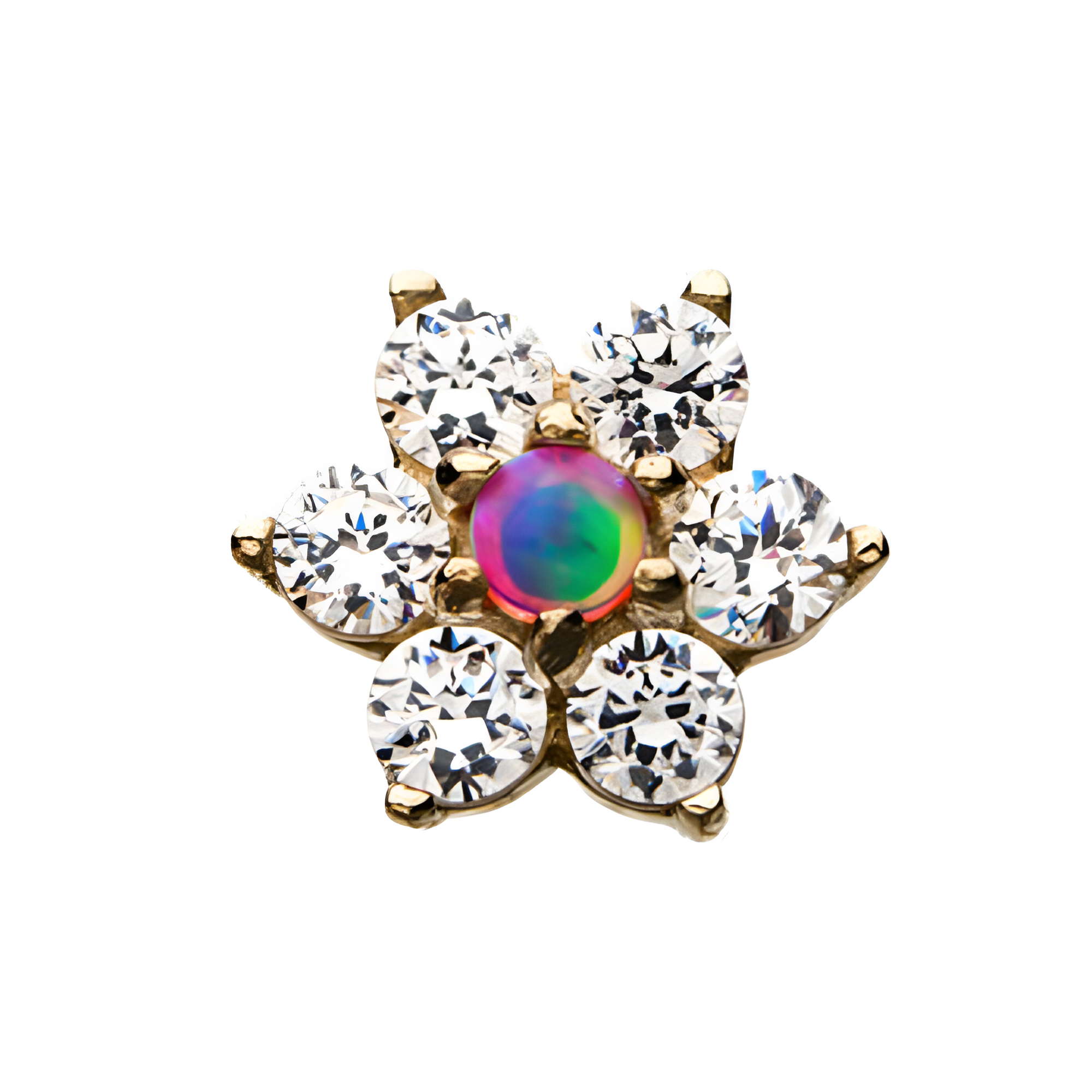 14kt Yellow Gold Threadless Clear Pink Opal 6-CZ Clear Gems and Synthetic Opal Top