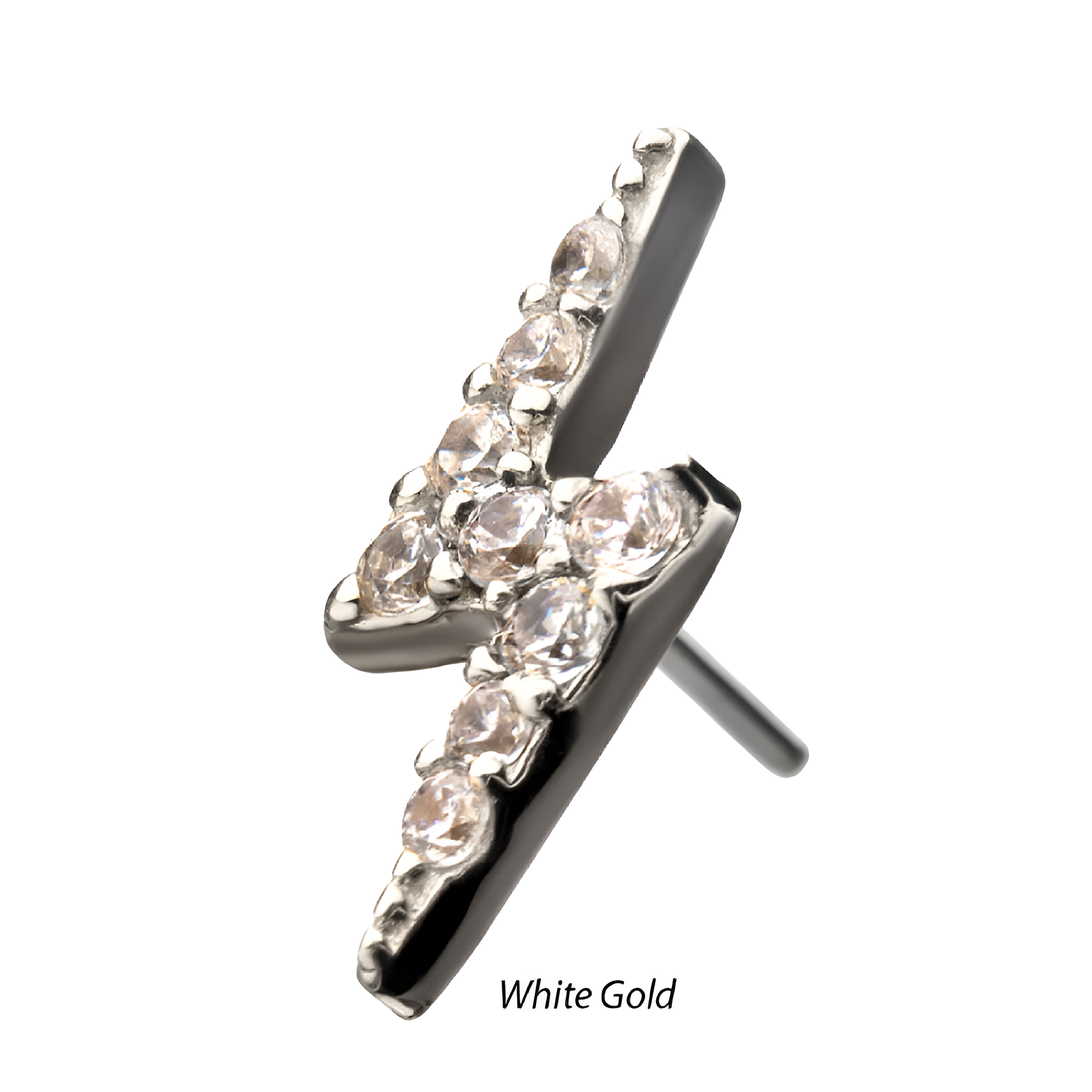 14kt White Gold Threadless Prong Set 9-Clear Gem Lightning Bolt Top