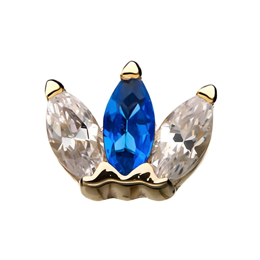 14kt Gold Threadless Blue/Clear Triple Marquise Cluster Top