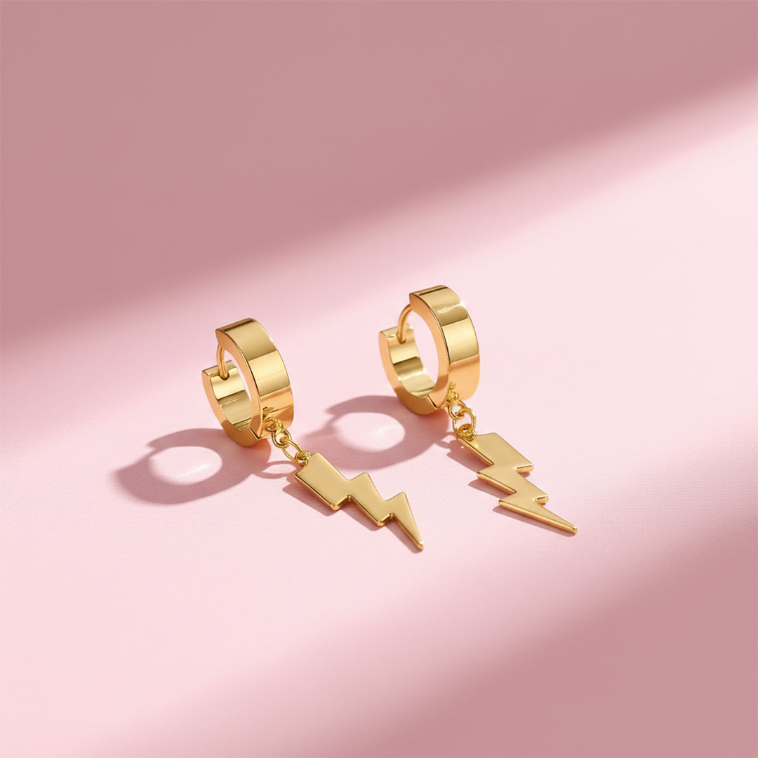 Gold PVD Lightning Bolt Dangle Stainless Steel Hinged Hoop Earrings