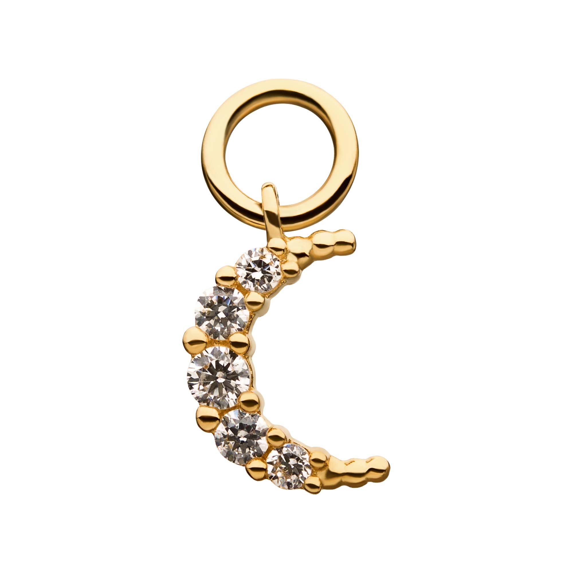14Kt Yellow Gold Crescent Moon with Prong Set 5pcs Clear CZ Dangle Charm
