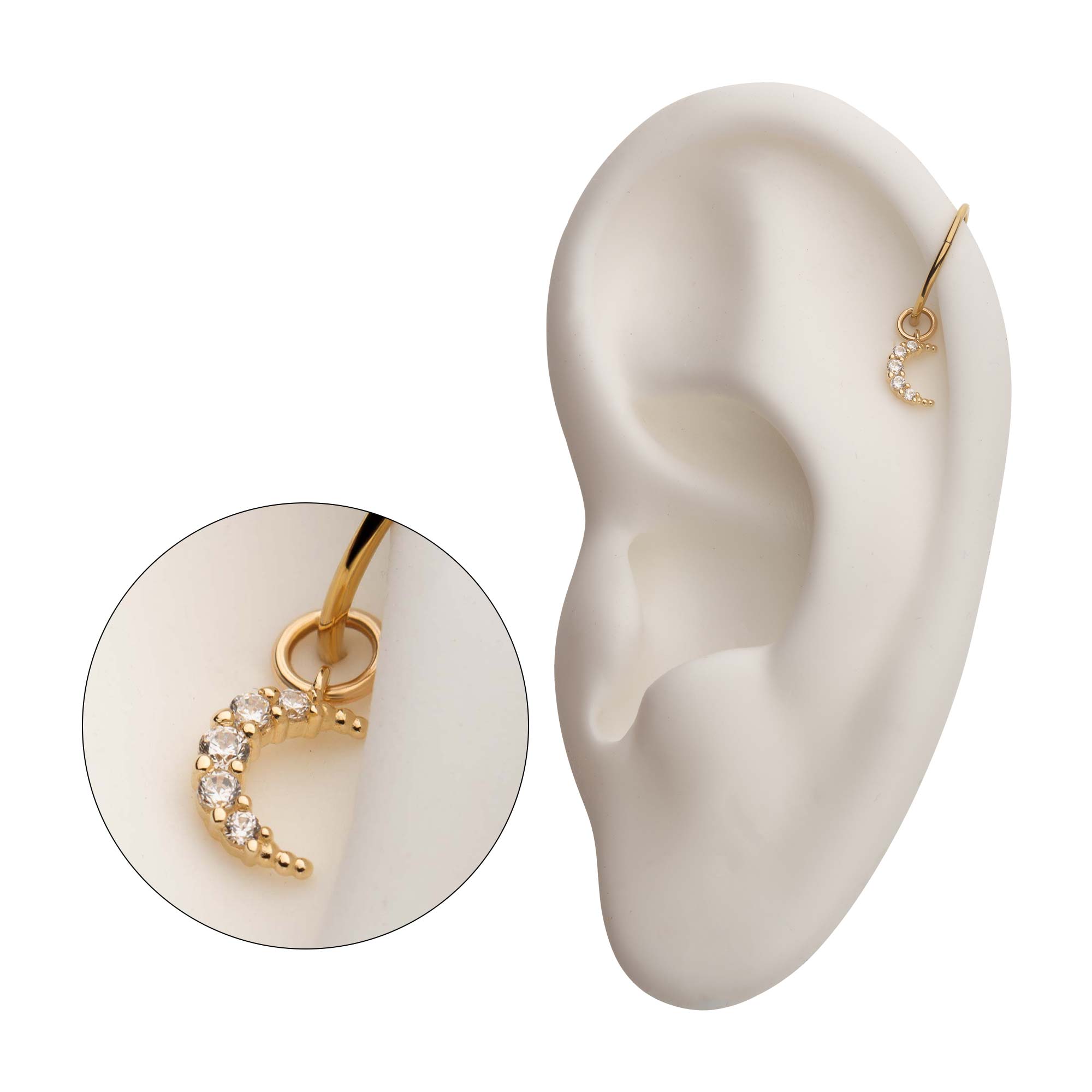 14Kt Yellow Gold Crescent Moon with Prong Set 5pcs Clear CZ Dangle Charm