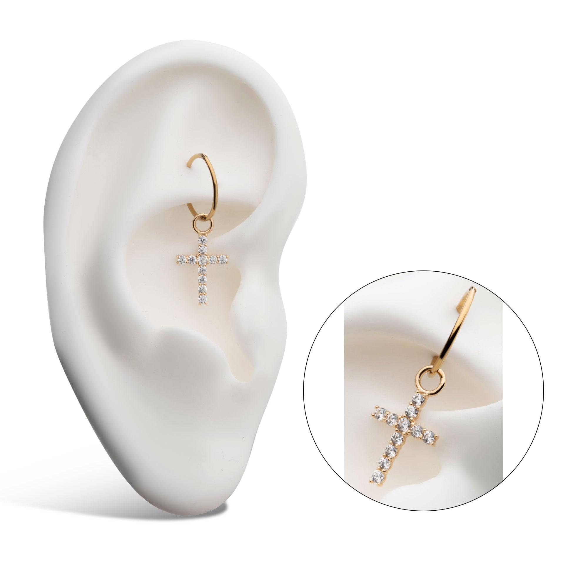 14Kt Yellow Gold Cross with Prong Set Round 11pcs Clear CZ Charm