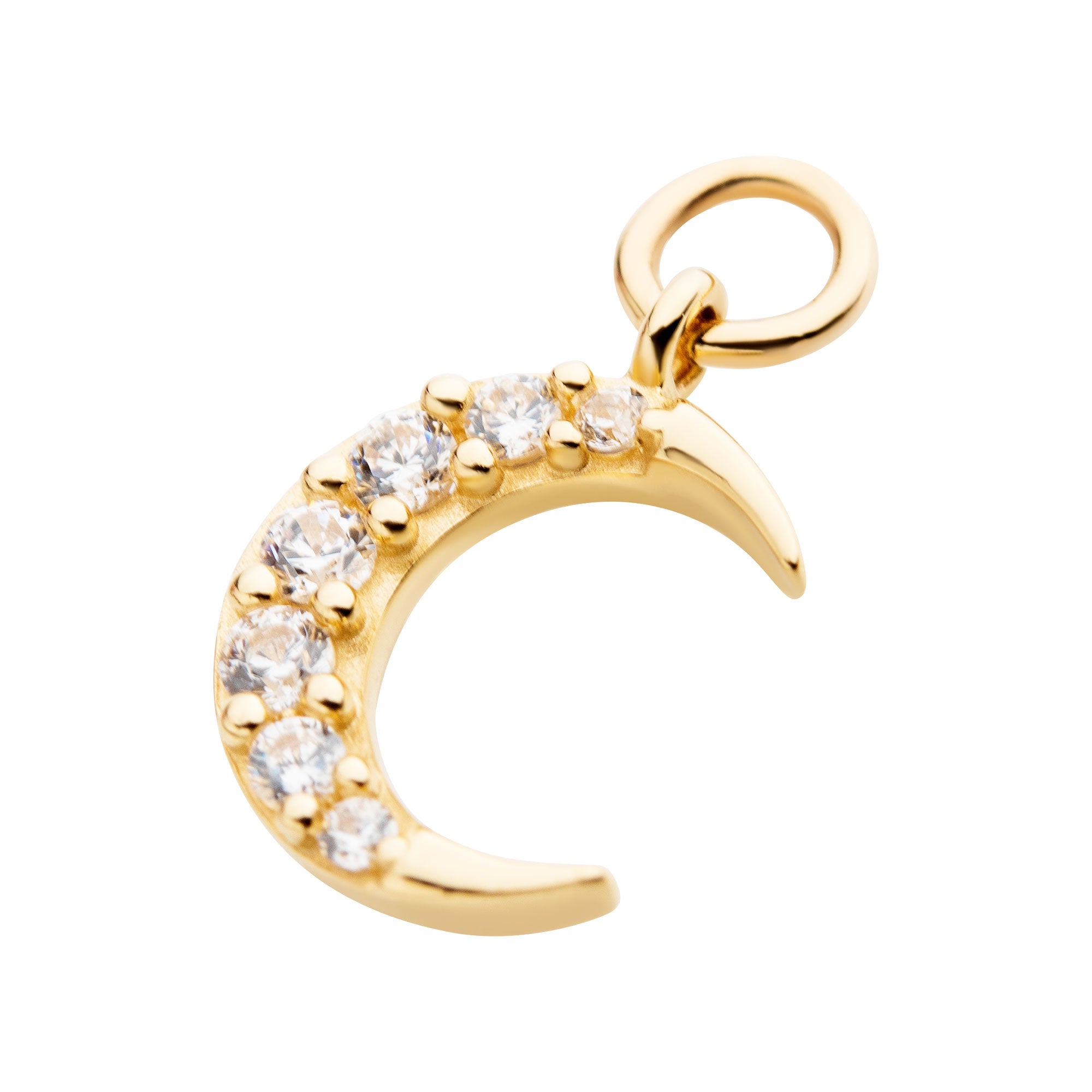14Kt Yellow Gold Crescent Moon with Prong Set Round 7pcs Clear CZ Dangle Charm