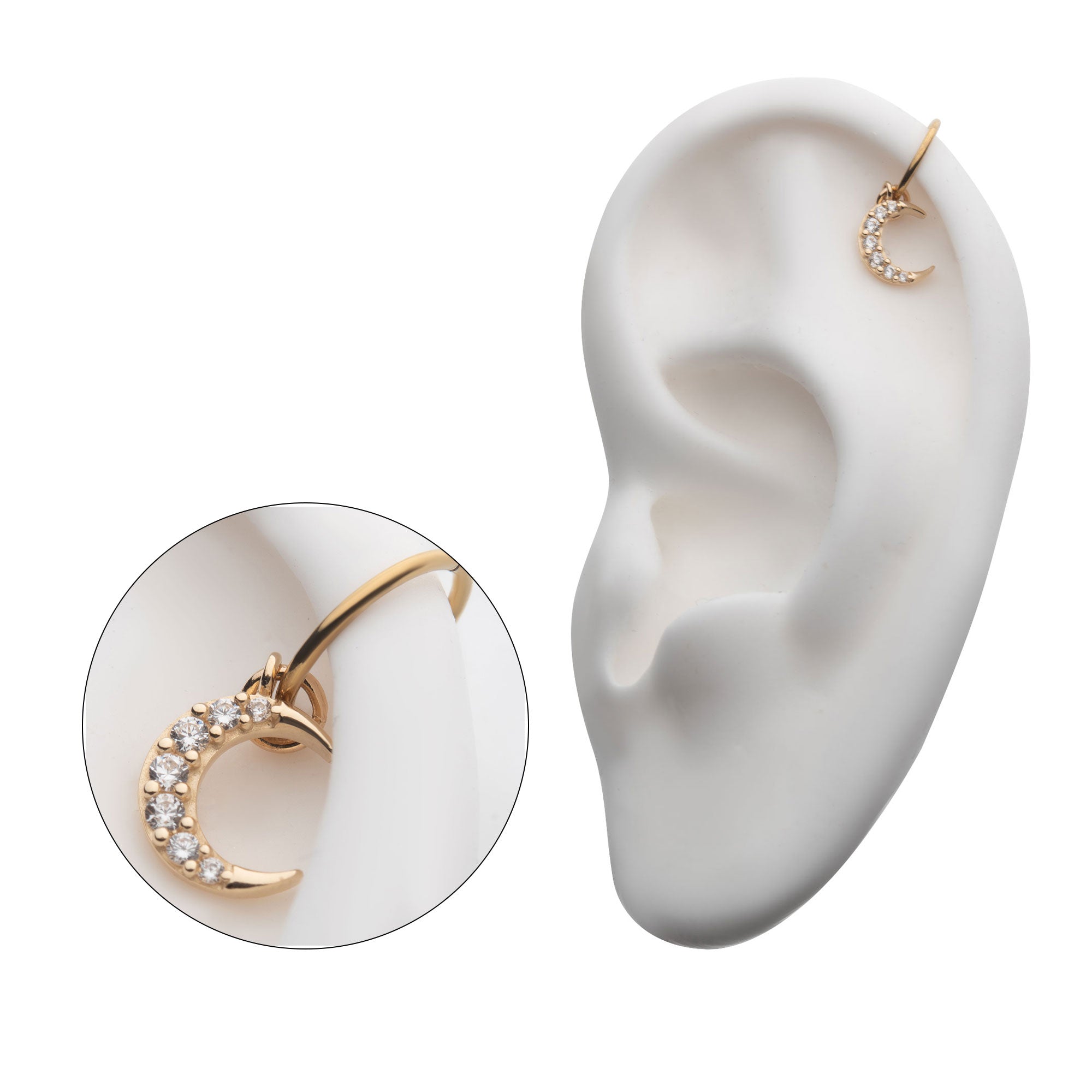 14Kt Yellow Gold Crescent Moon with Prong Set Round 7pcs Clear CZ Dangle Charm