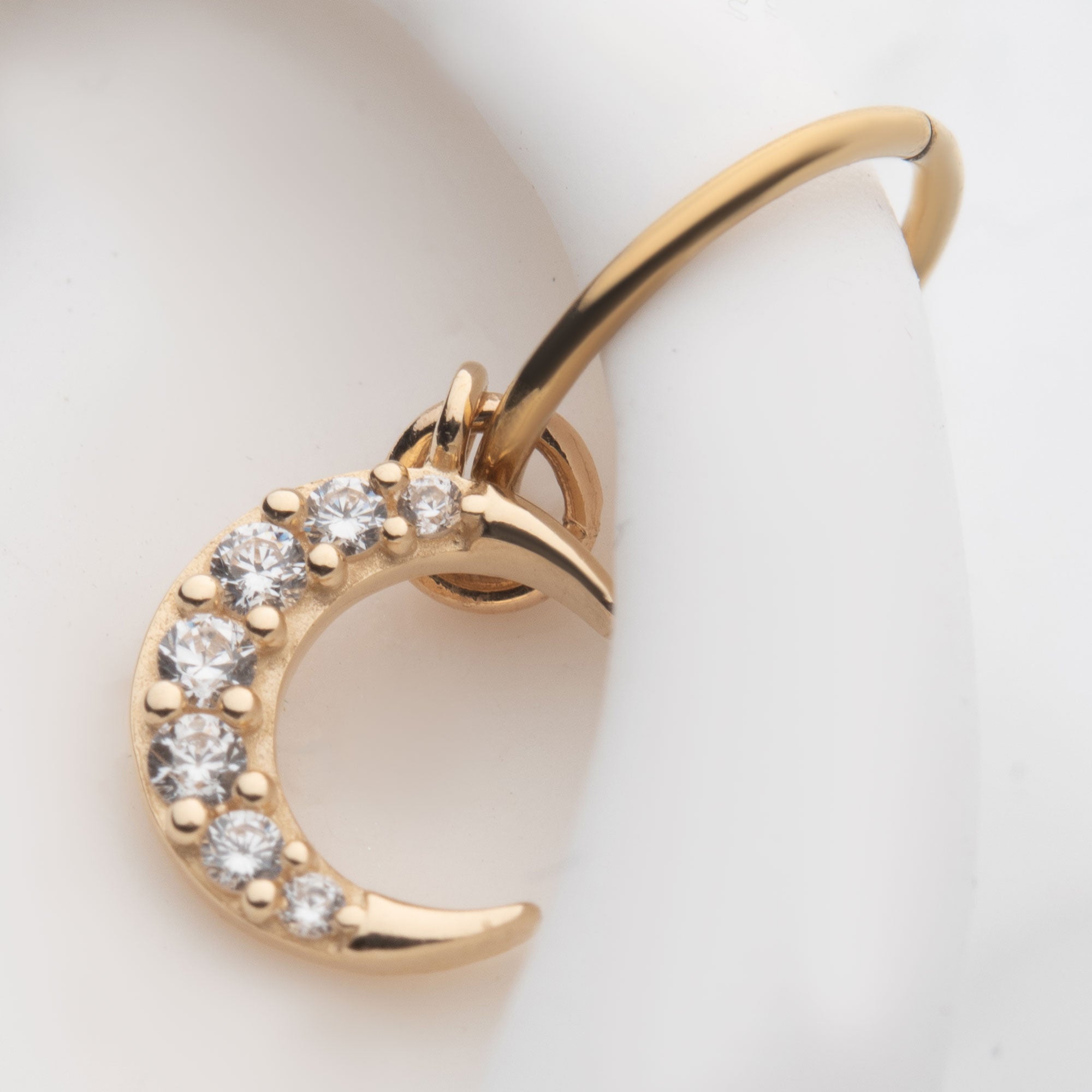 14Kt Yellow Gold Crescent Moon with Prong Set Round 7pcs Clear CZ Dangle Charm