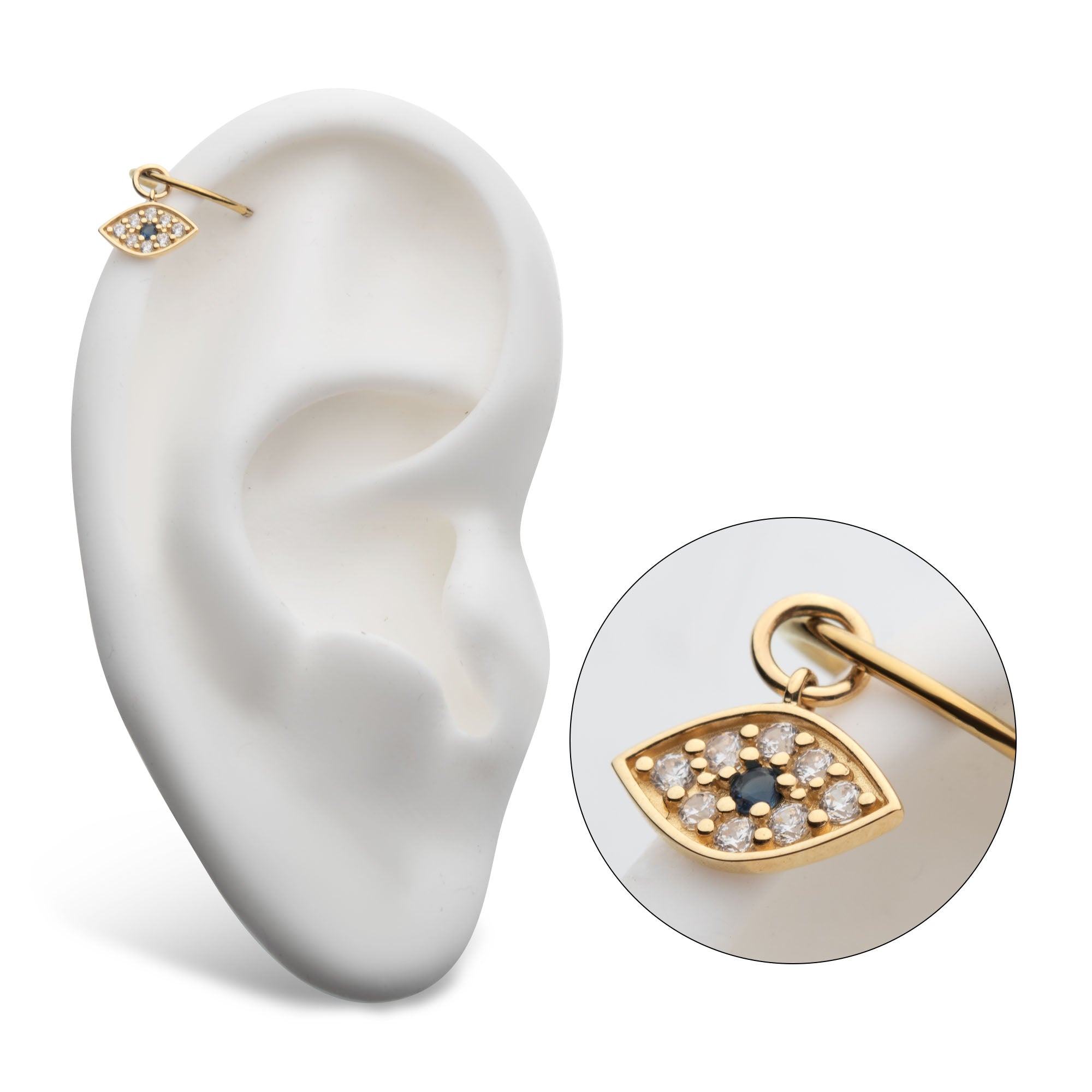 14Kt Yellow Gold Evil Eye with Round Centerpiece Sapphire CZ and 8pcs Clear CZ Dangle Charm