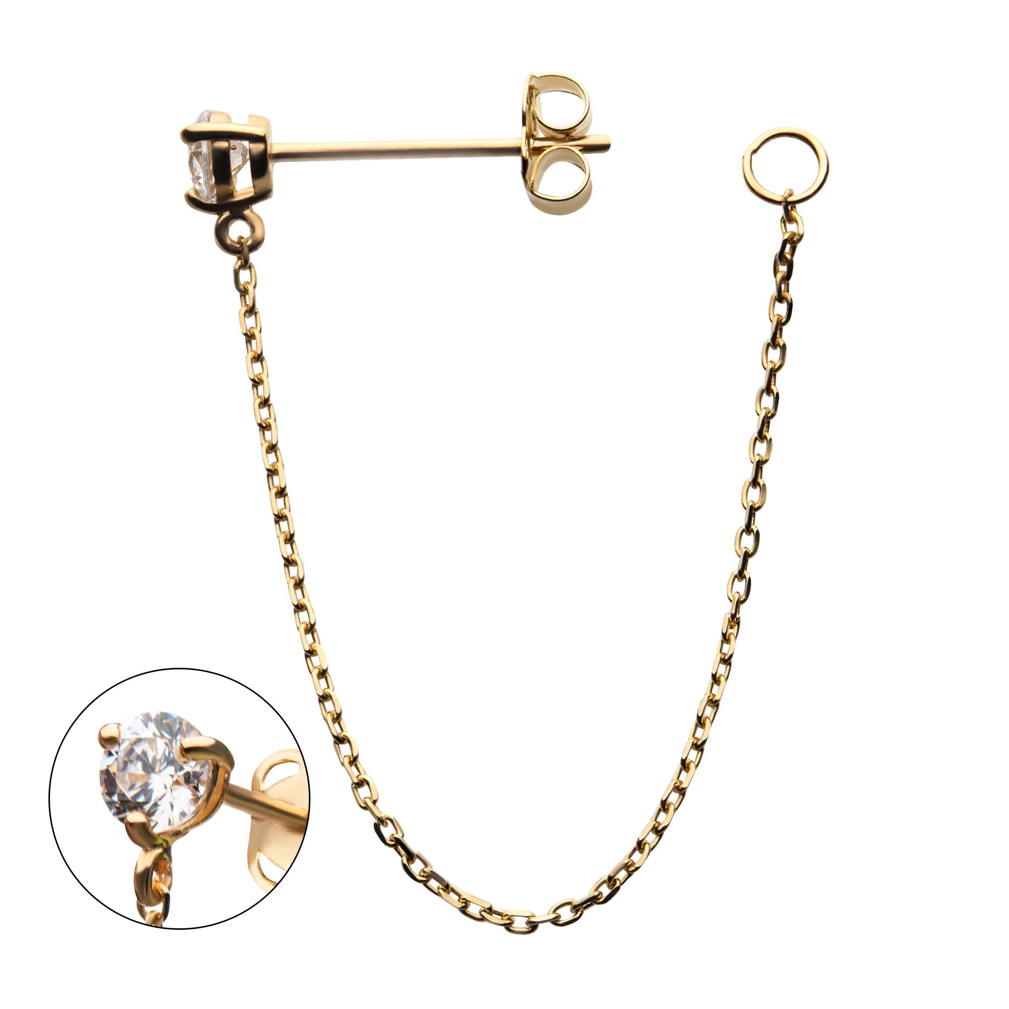 14kt Yellow GoldProng Clear CZ Butterfly Back Chain Stud Earrings