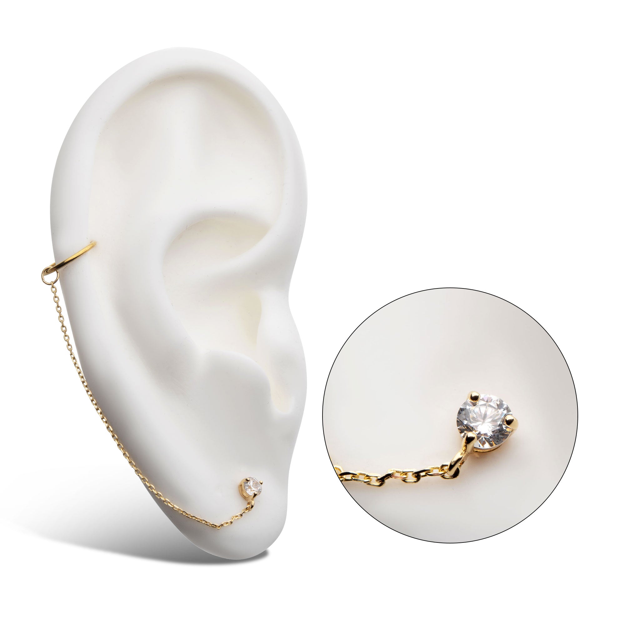 14kt Yellow GoldProng Clear CZ Butterfly Back Chain Stud Earrings