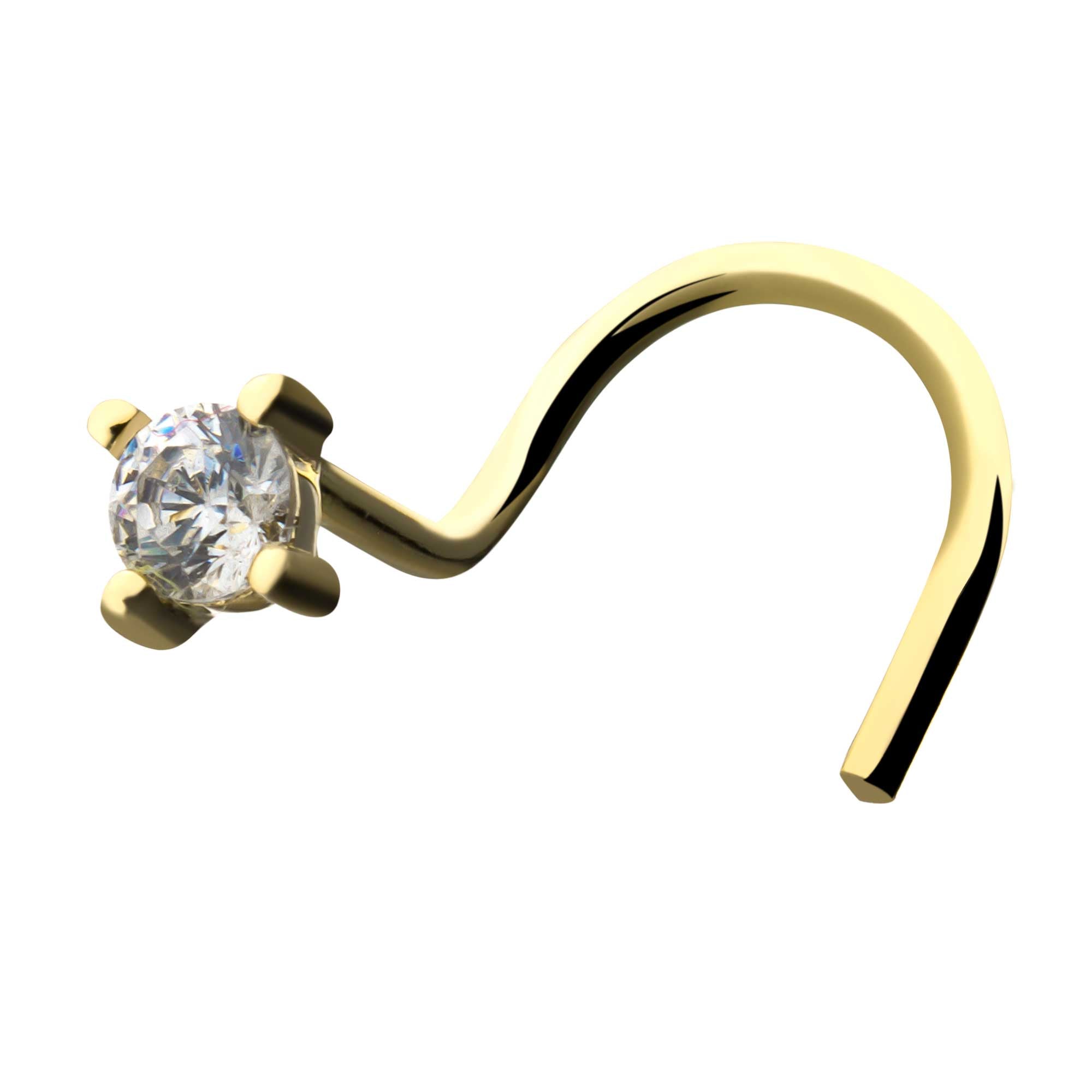 14kt Yellow Gold Nose Screw Clear CZ Gem Top