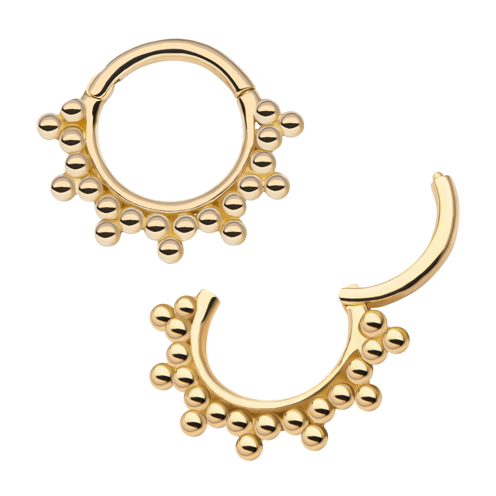 14kt Yellow Gold Cluster Trinity Beaded Front Facing Hinged Segment Clicker