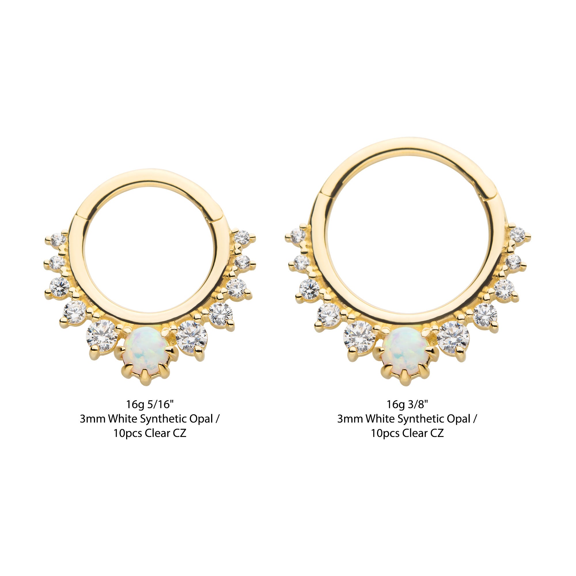 14kt Yellow Gold Prong Clear CZ & White Synthetic Opal Front Facing Hinged Segment Clicker