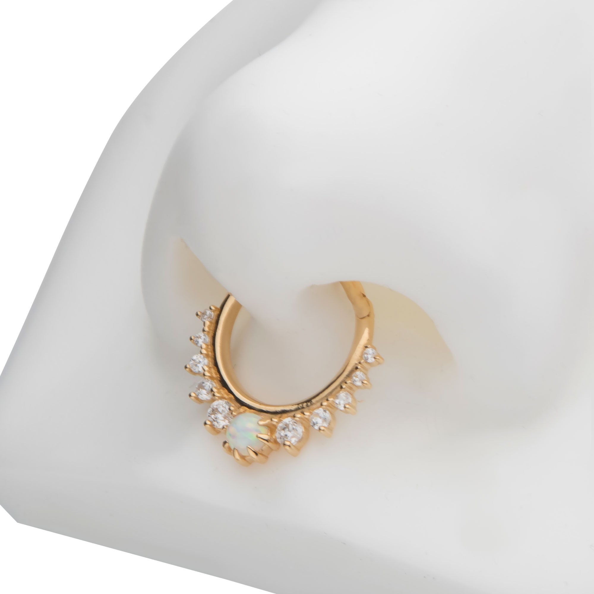 14kt Yellow Gold Prong Clear CZ & White Synthetic Opal Front Facing Hinged Segment Clicker