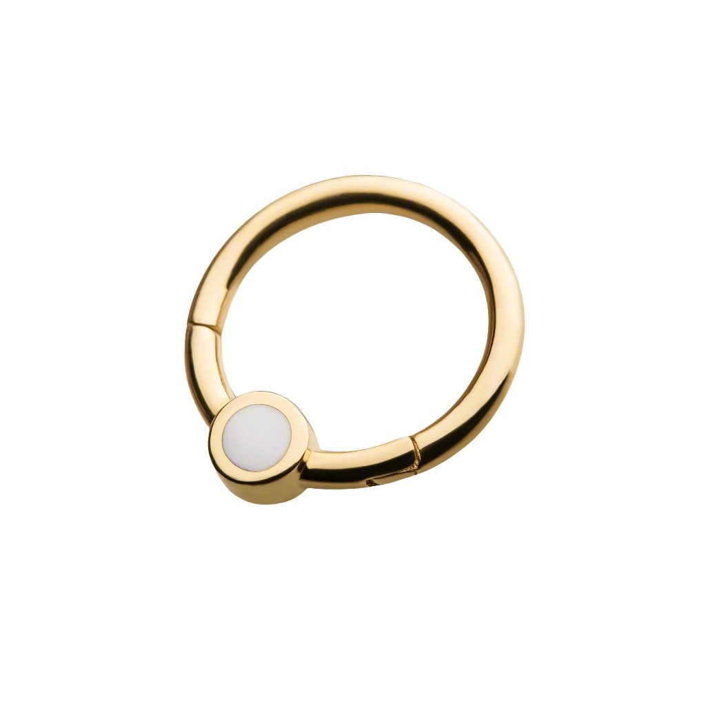 14kt Yellow Gold Frontal Synthetic Turquoise & Back White Enamel Front Facing Hinged Segment Clicker