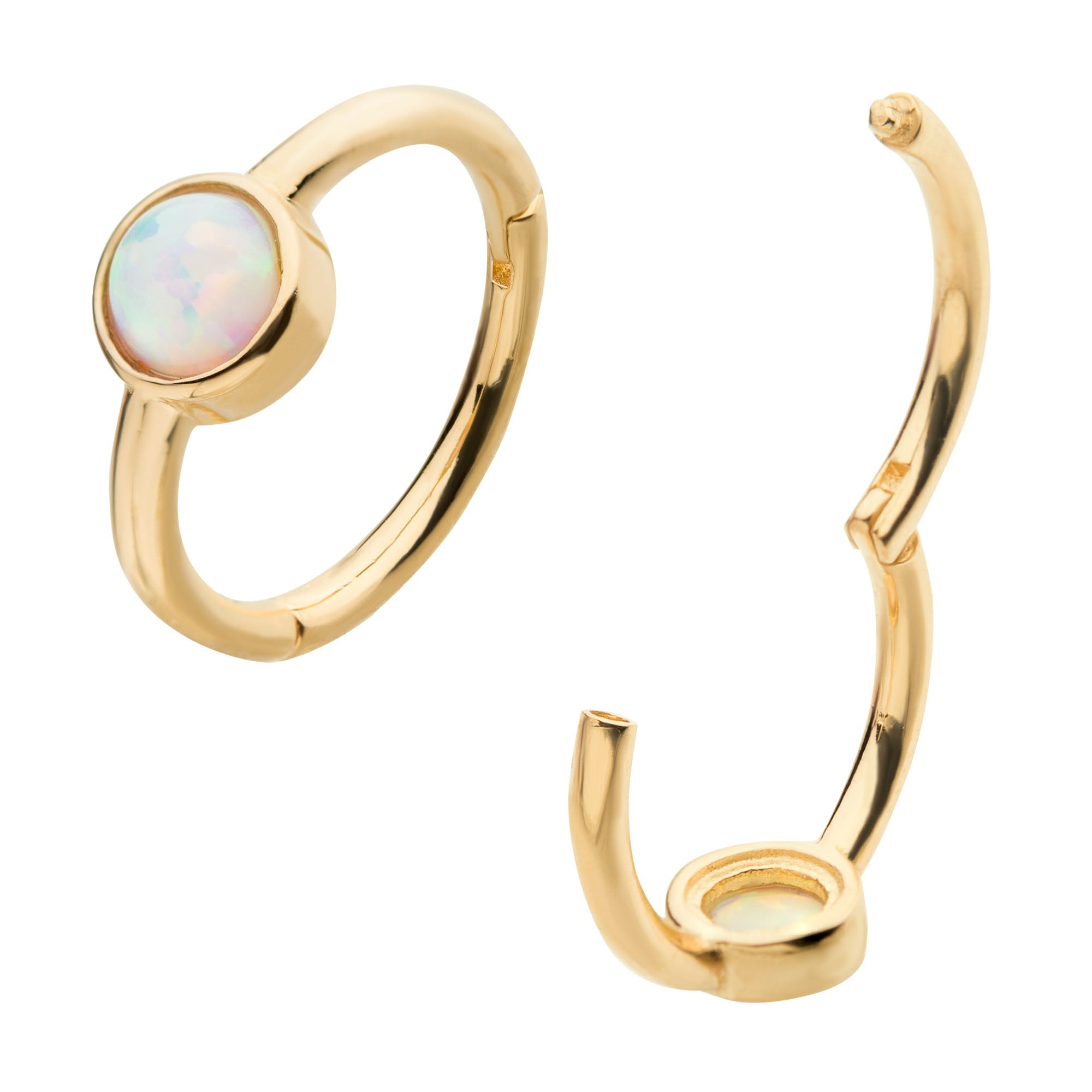 14kt Gold Centered White Synthetic Opal Side Facing Hinged Segment Clicker