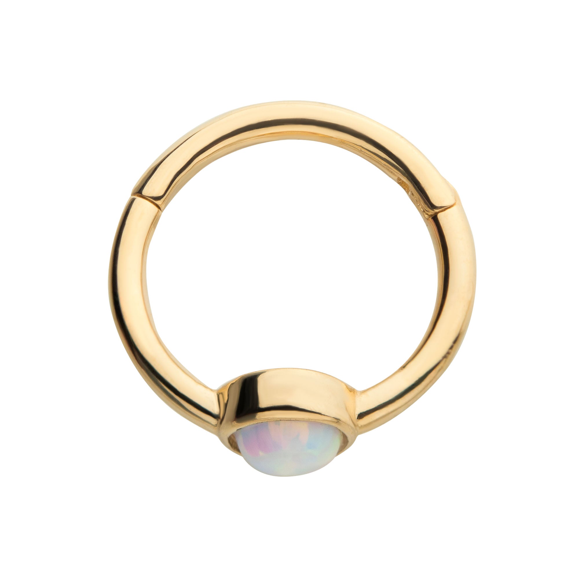 14kt Gold Centered White Synthetic Opal Side Facing Hinged Segment Clicker