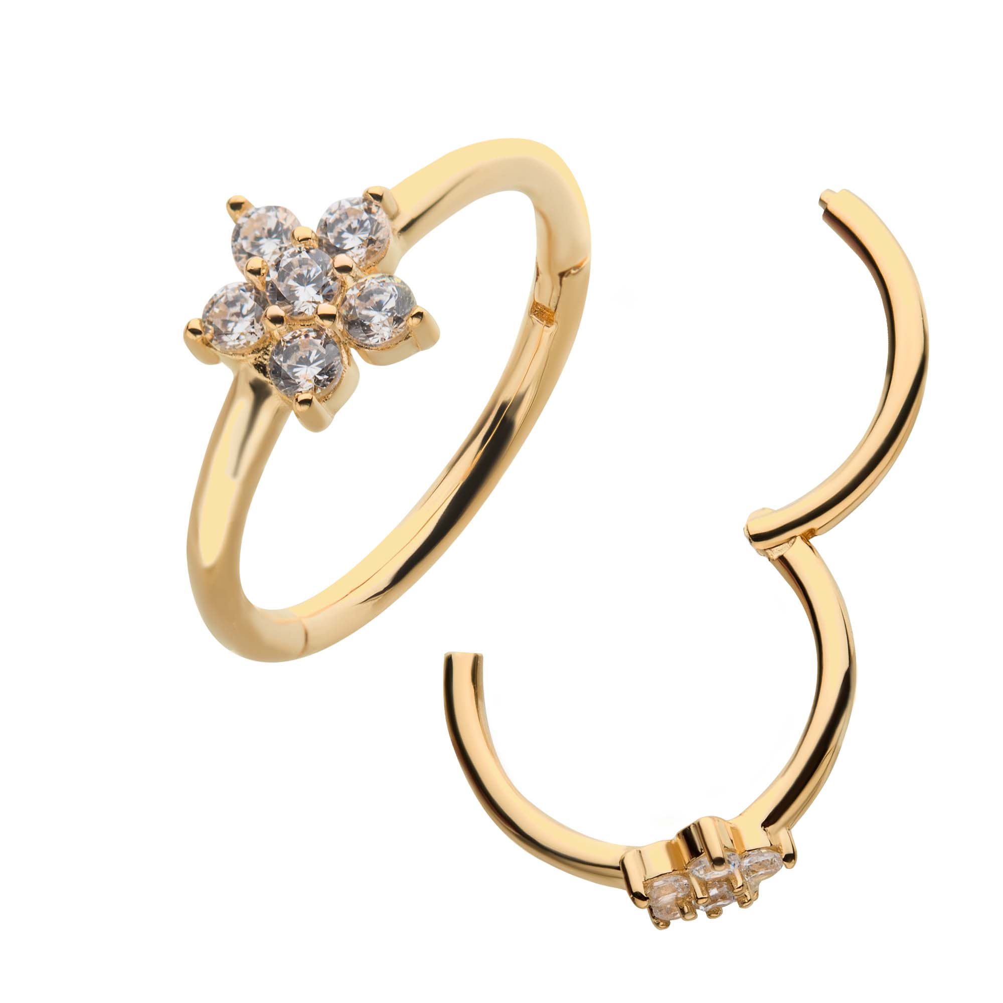 14kt Gold Centered Prong CZ Flower Side Facing Hinged Segment Clicker
