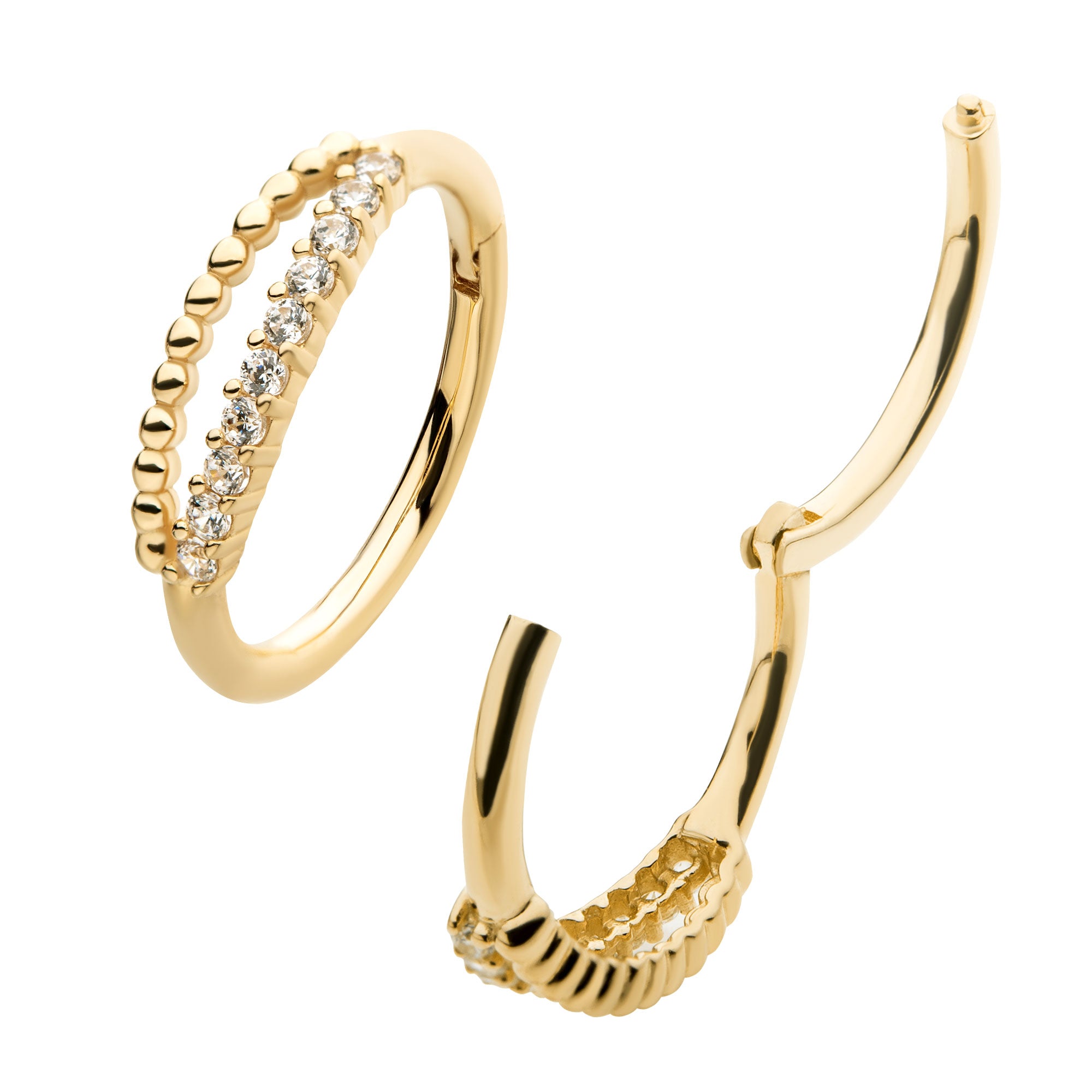 14kt Gold Beaded Prong Clear CZ Cut Out Side Facing Hinged Segment Clicker