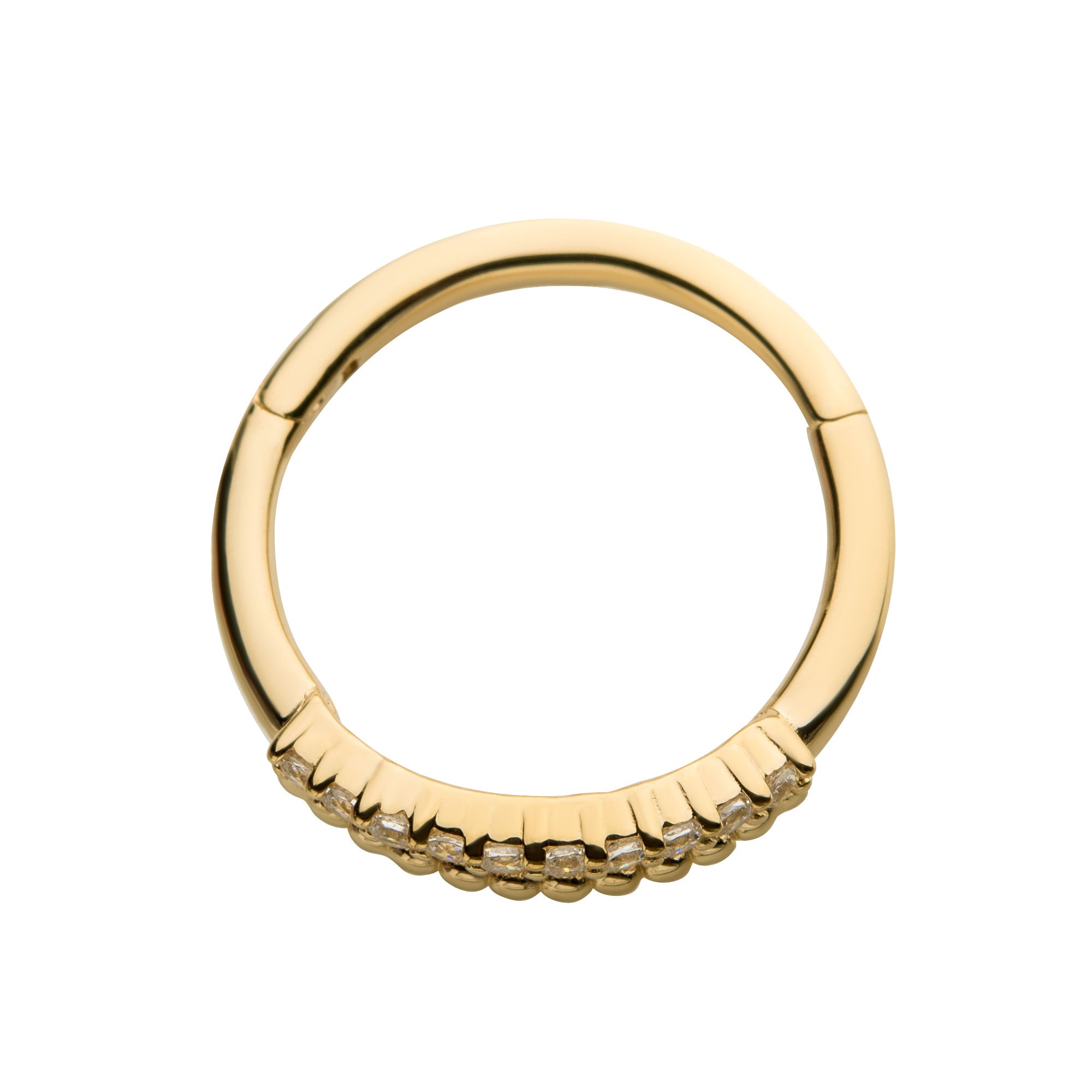 14kt Gold Beaded Prong Clear CZ Cut Out Side Facing Hinged Segment Clicker