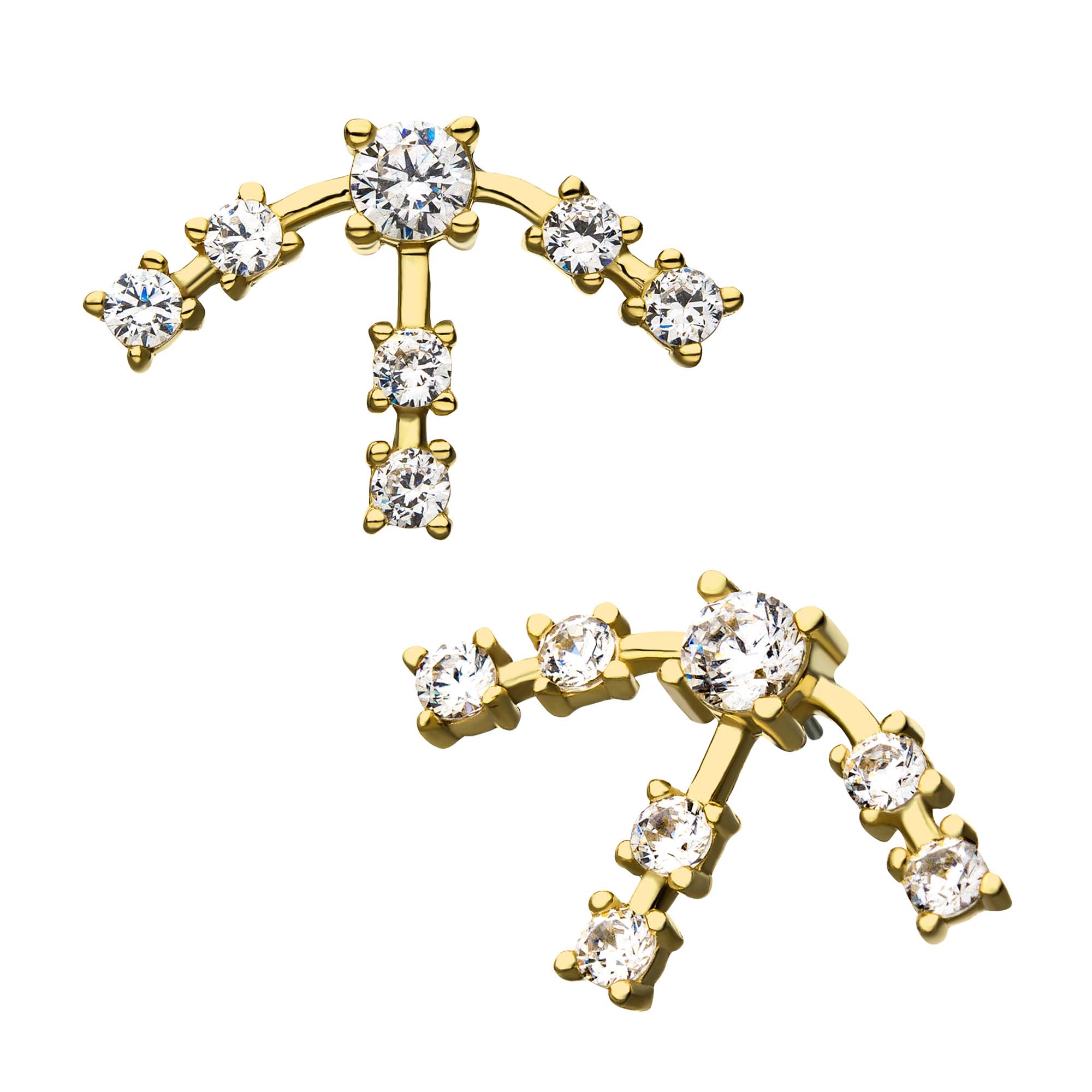 14kt Yellow Gold Cygnus Constellation Threadless Top with 4mm Middle Clear CZ Gem and Six 3mm Bursting Clear CZ Gems