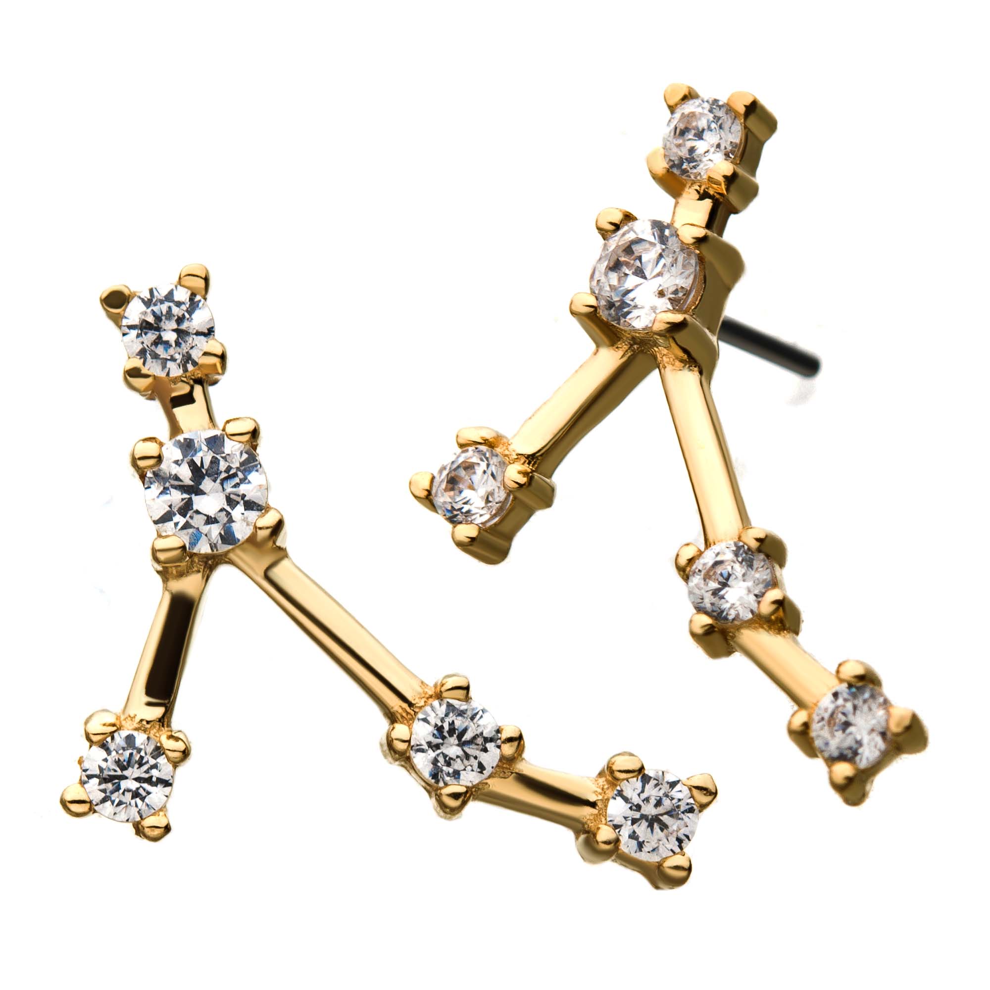 14kt Yellow Gold Pisces Threadless Top 4mm Center CZ Gem and Four 3mm Side CZ Gems