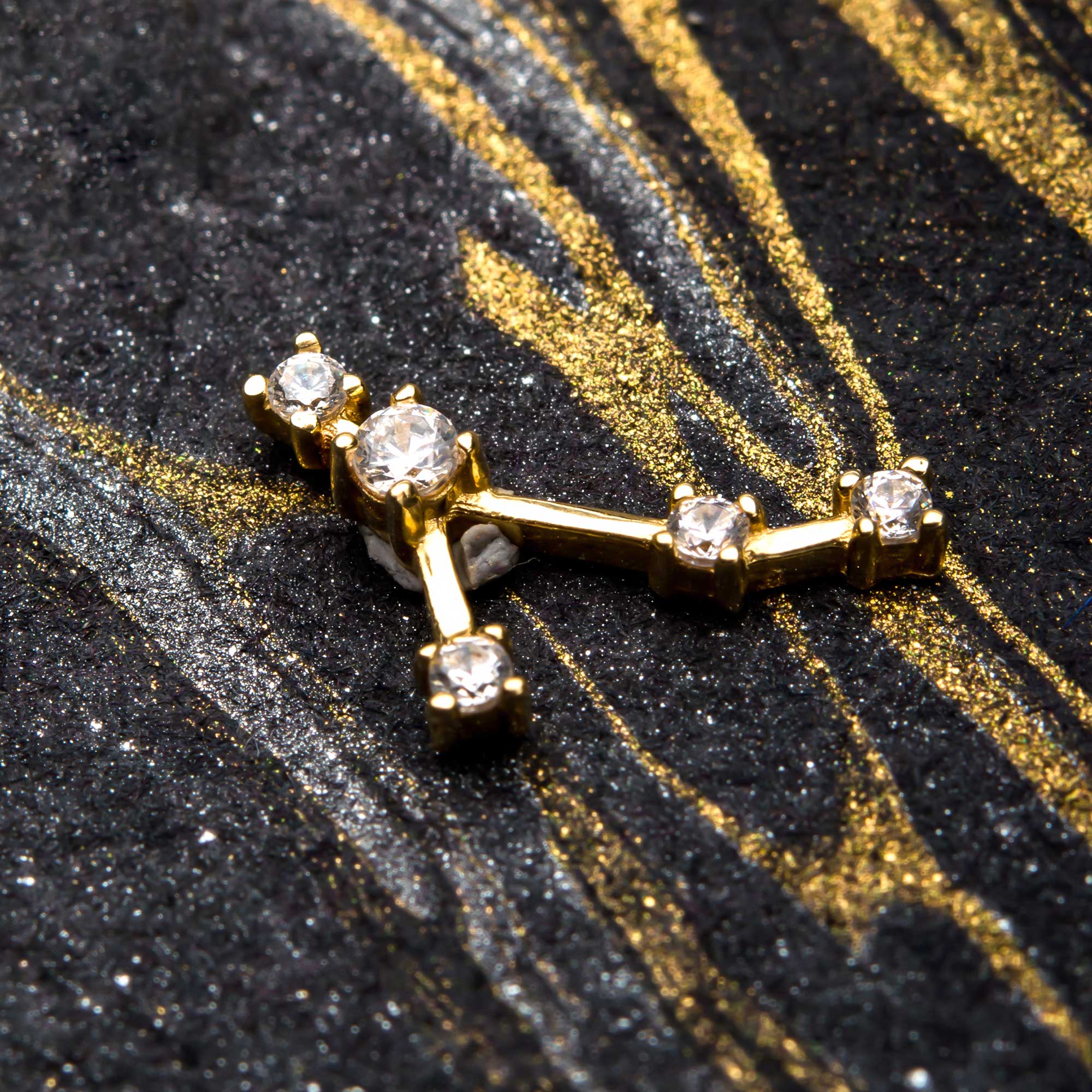 14kt Yellow Gold Pisces Threadless Top 4mm Center CZ Gem and Four 3mm Side CZ Gems