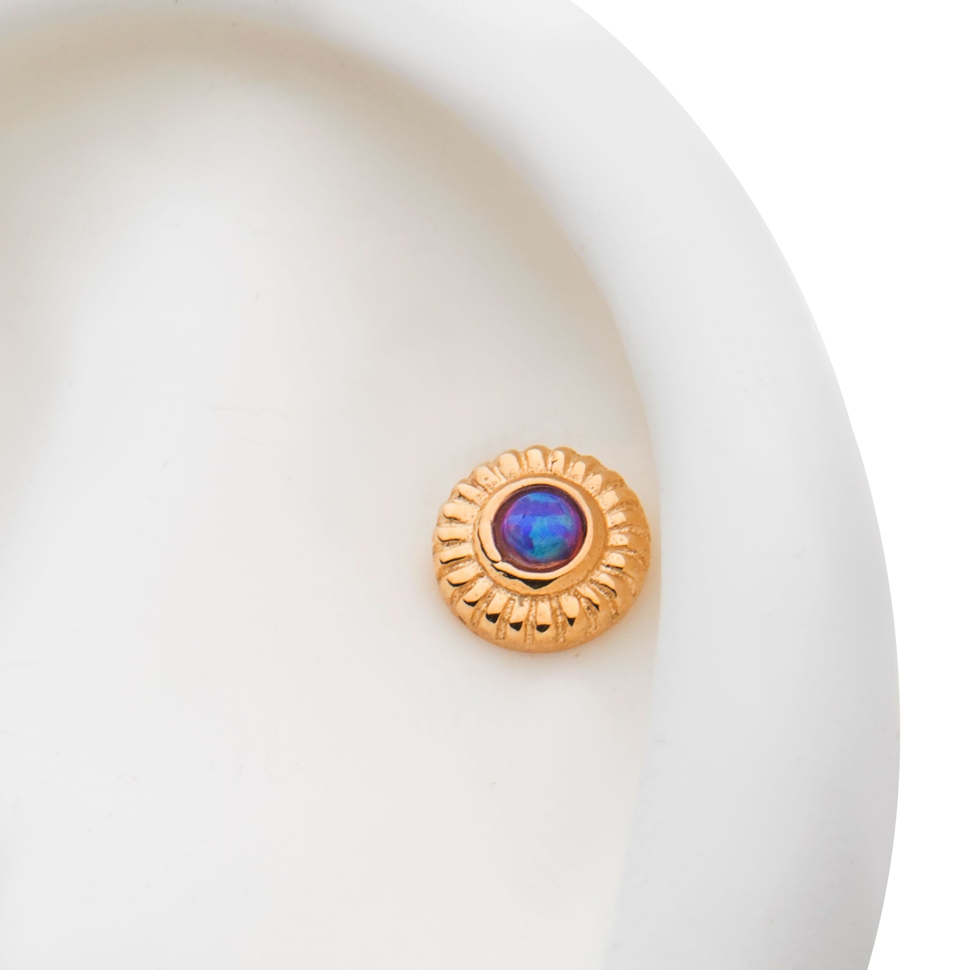 14kt Yellow Gold Threadless Bezel Set Synthetic Opal Fine Line Scalloped Edge Top Purple
